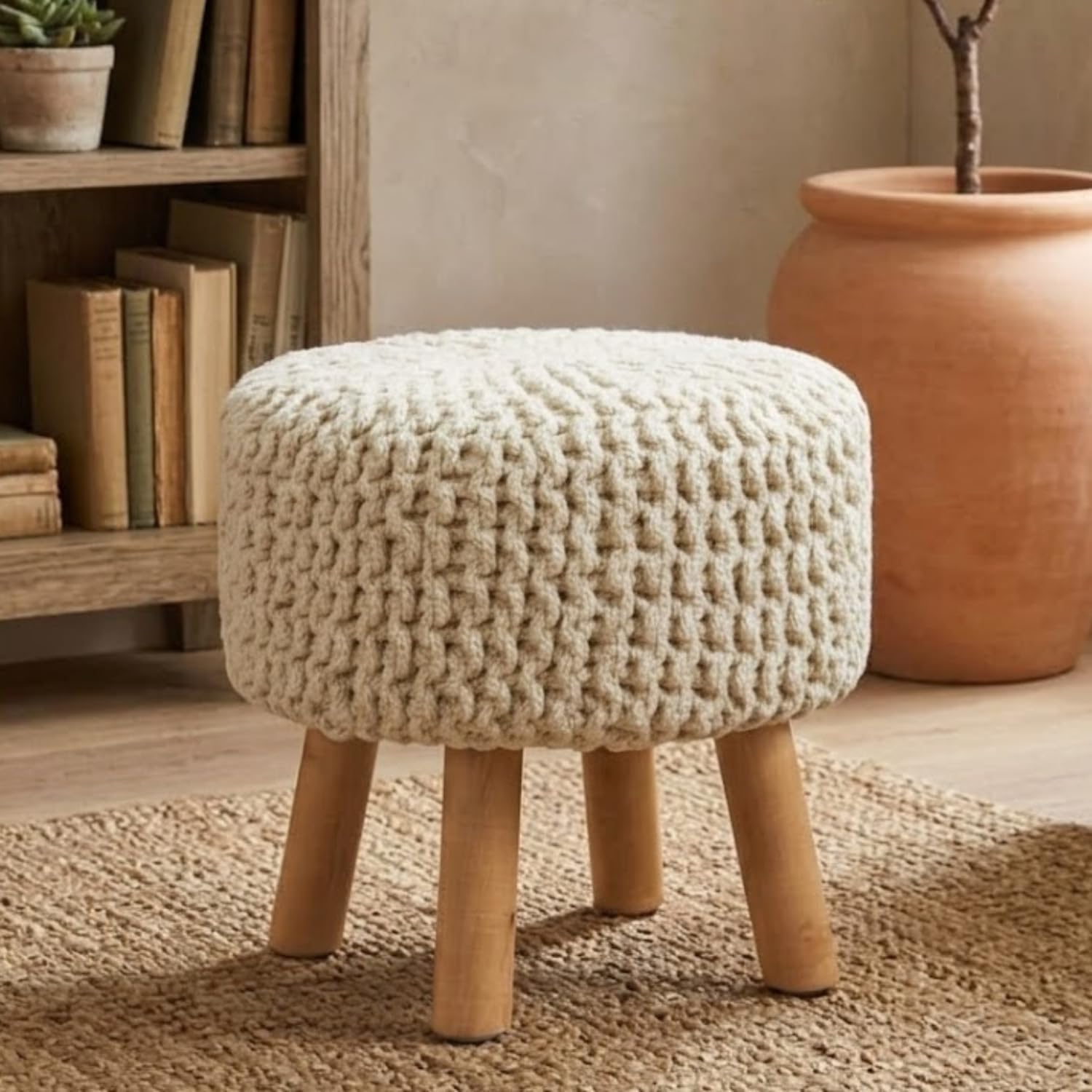 FOAM RANGE Chunky Knitted Round Pouffe Footstool with Wooden Legs | 100% Cotton Handmade Ottoman Foot Rest Stool | Padded Seat, Non-Slip Base | Living Room, Bedroom & Lounge (Cream)