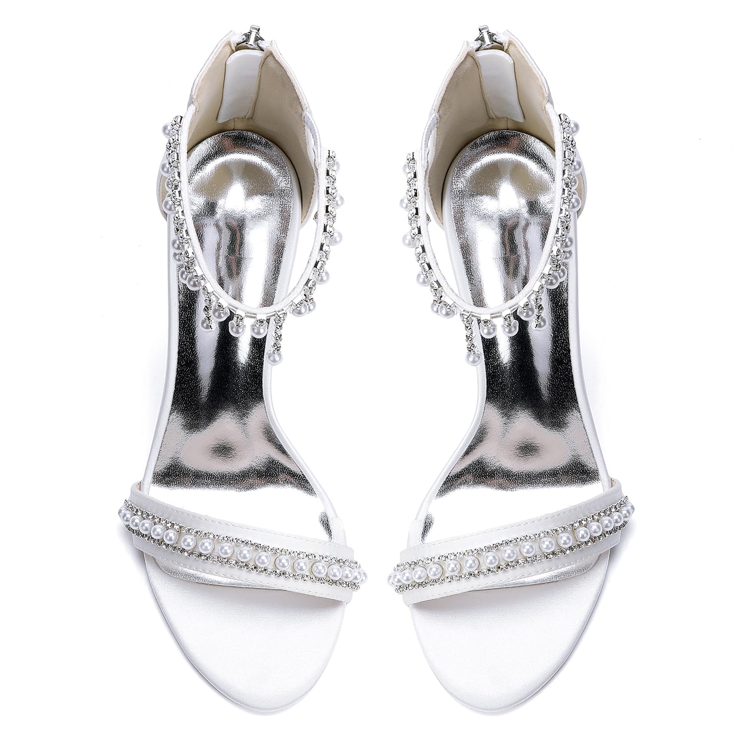 Sandalias Satén Tira de Perlas Joya para Mujer Tacones de Fiesta con Flecos Salida Noche