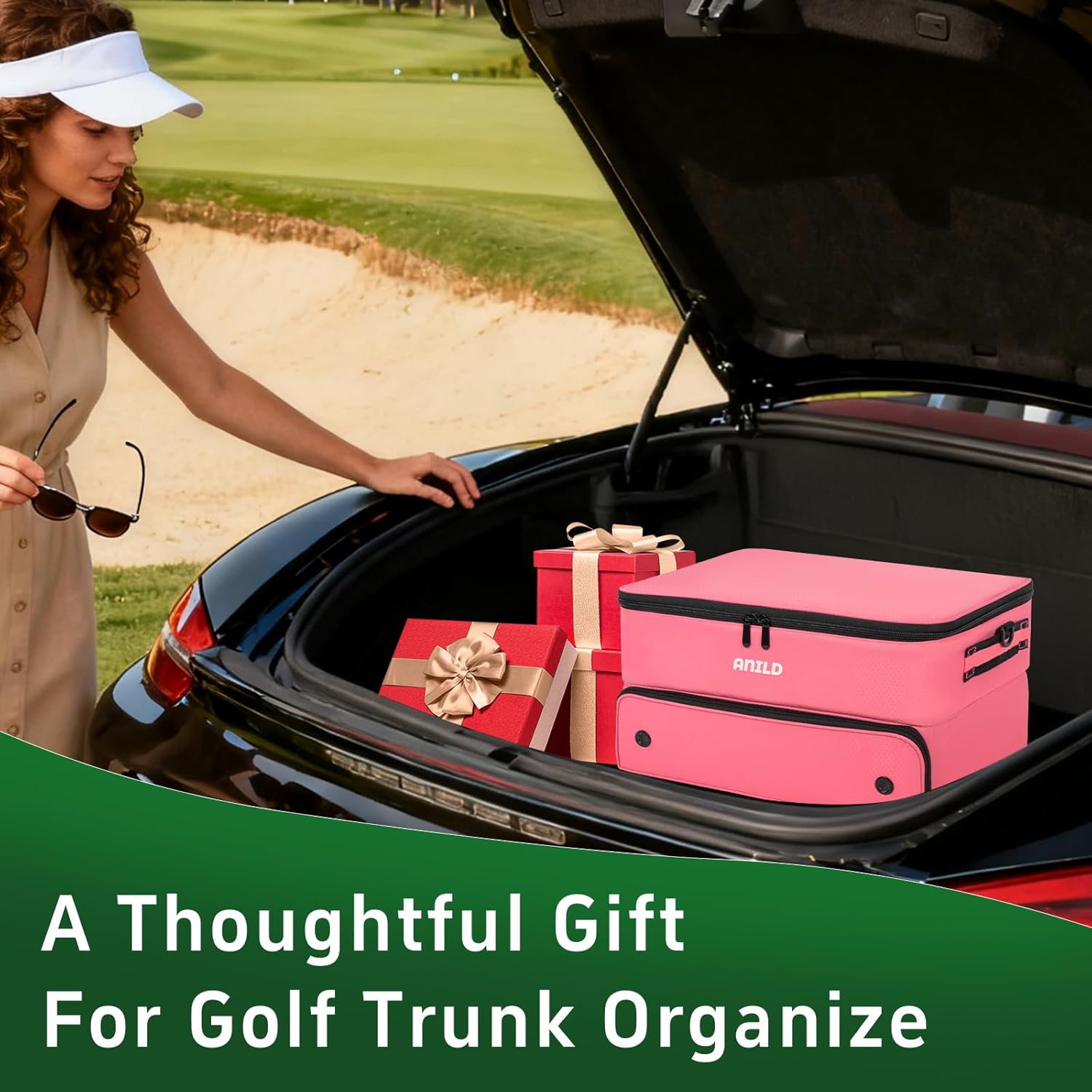 ANILD Golf Trunk Organizer, 2 Layer Golf Storage Case with Separate Ventilated Compartment for 2 Pair Shoes, for Balls, Tees, Clothes, Gloves, Accessories, Golfer Gifts