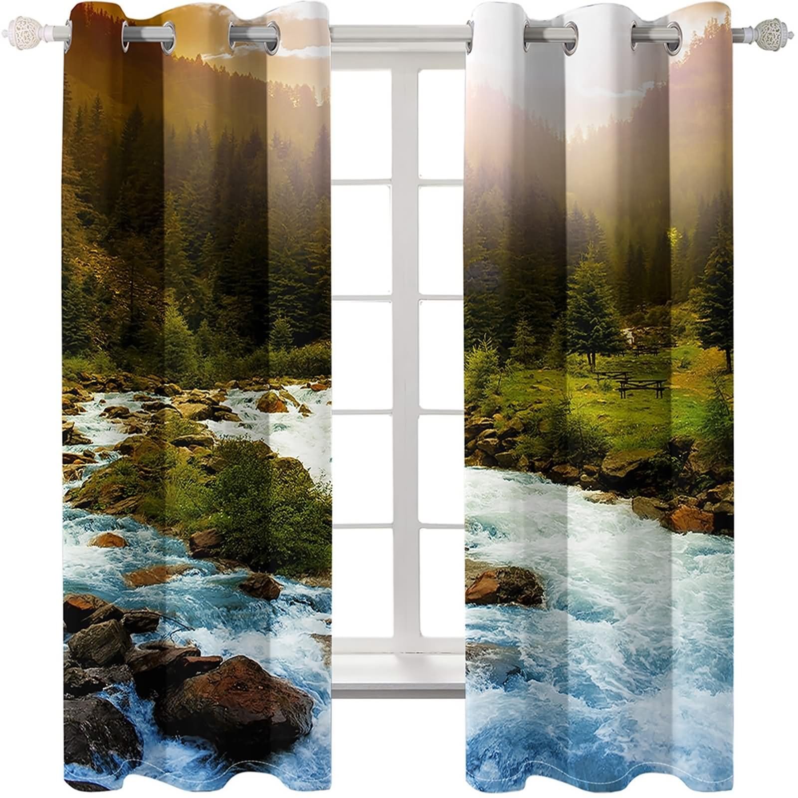 Nieprzezroczysta zasłona okienna, Vintage zasłony kuchenne zielony biały naturalny krajobraz górska rzeka poliester 2 panele 214x138cm