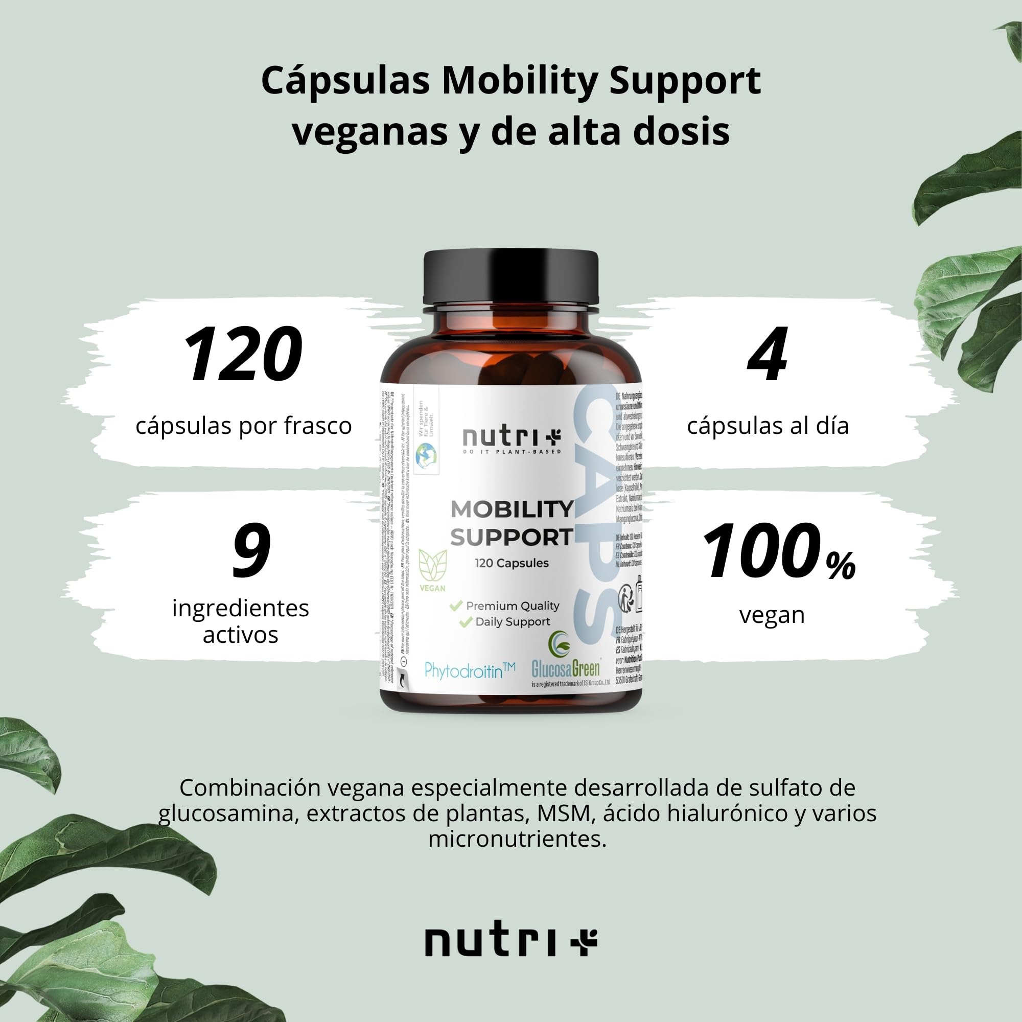 Nutri + Glucosamina + Condroitina Cápsulas de Alta Dosis + Vegan - Mobility Support con MSM, Ácido Hialurónico, Zinc, Vitamina C - Glucosagreen + Fitodroitina