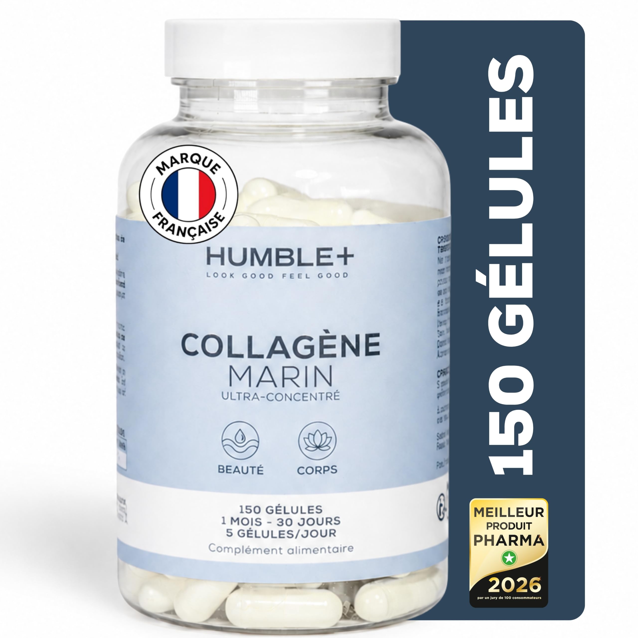 HUMBLE+ Collagène Marin Hydrolysé en Gélules - Peptides de Collagène Type 1-150 Gélules - 2,5 g de Collagène Marin par Portion - 30 Jours - Marque Française