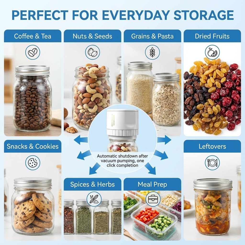 Electric Mason Jar Vacuum Sealer, One-Click Auto-Stop with Pressure-Sensing, Rechargeable Vacuum Sealing Machine for Wide & Regular Mouth Jars, Portable Mason Jar Sealer Vacuum Kit (White)