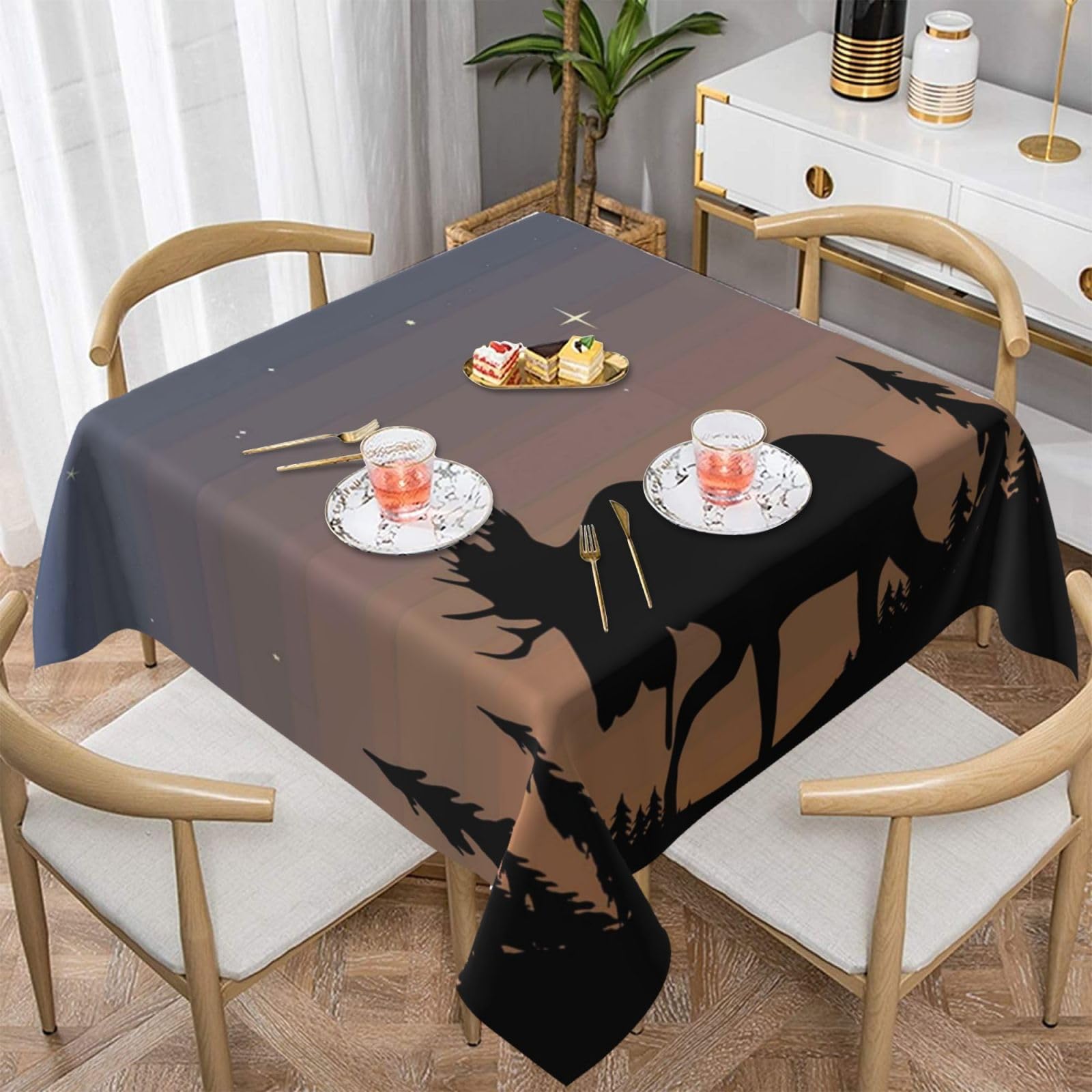 DCEHGEW Moose Mountain Pine Tree Wilderness Prints Square Tablecloth 137x137 CM, Waterproof Fabric Table Cloth for Dining Table, Farmhouse Table Cover for Kitchen Dining Tabletop Decoration