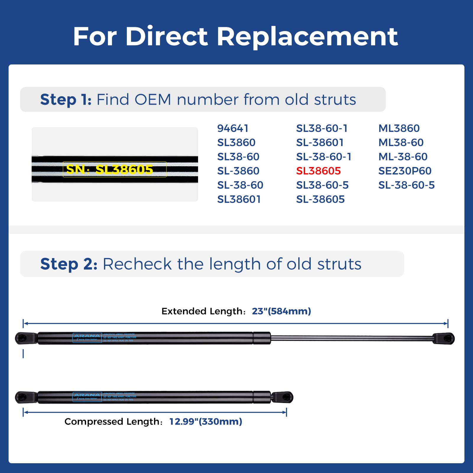 ML3860 23 Inch 60lb Gas Struts Prop Springs Shocks