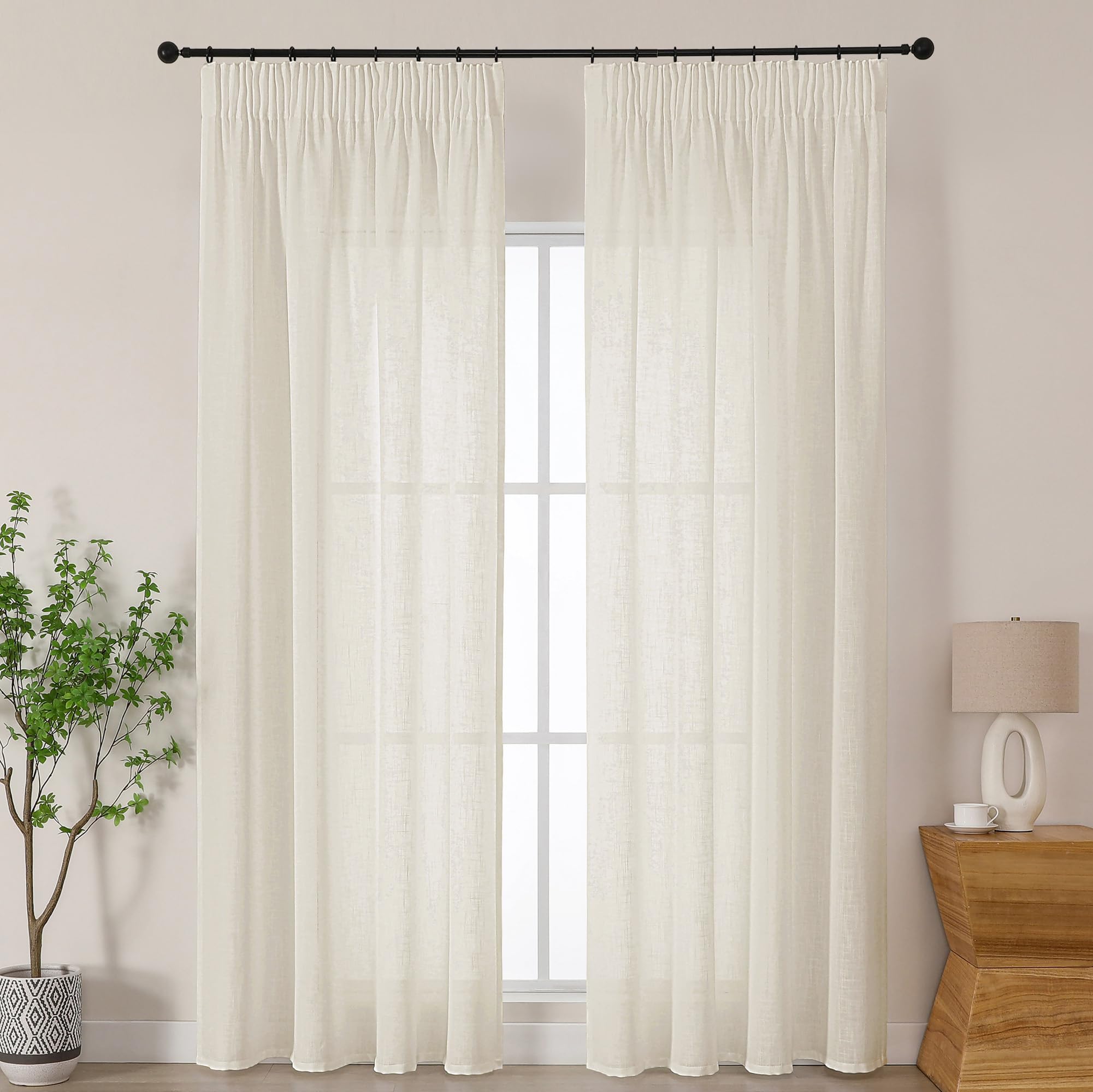 Simplebrand Natural Linen Blend Pencil Pleat Curtains, Light Filtering Semi-Sheer Textured Window Drapes for Privacy, 2 Panels for Living Room, Bedroom & Patio Door, W140 x L229 cm
