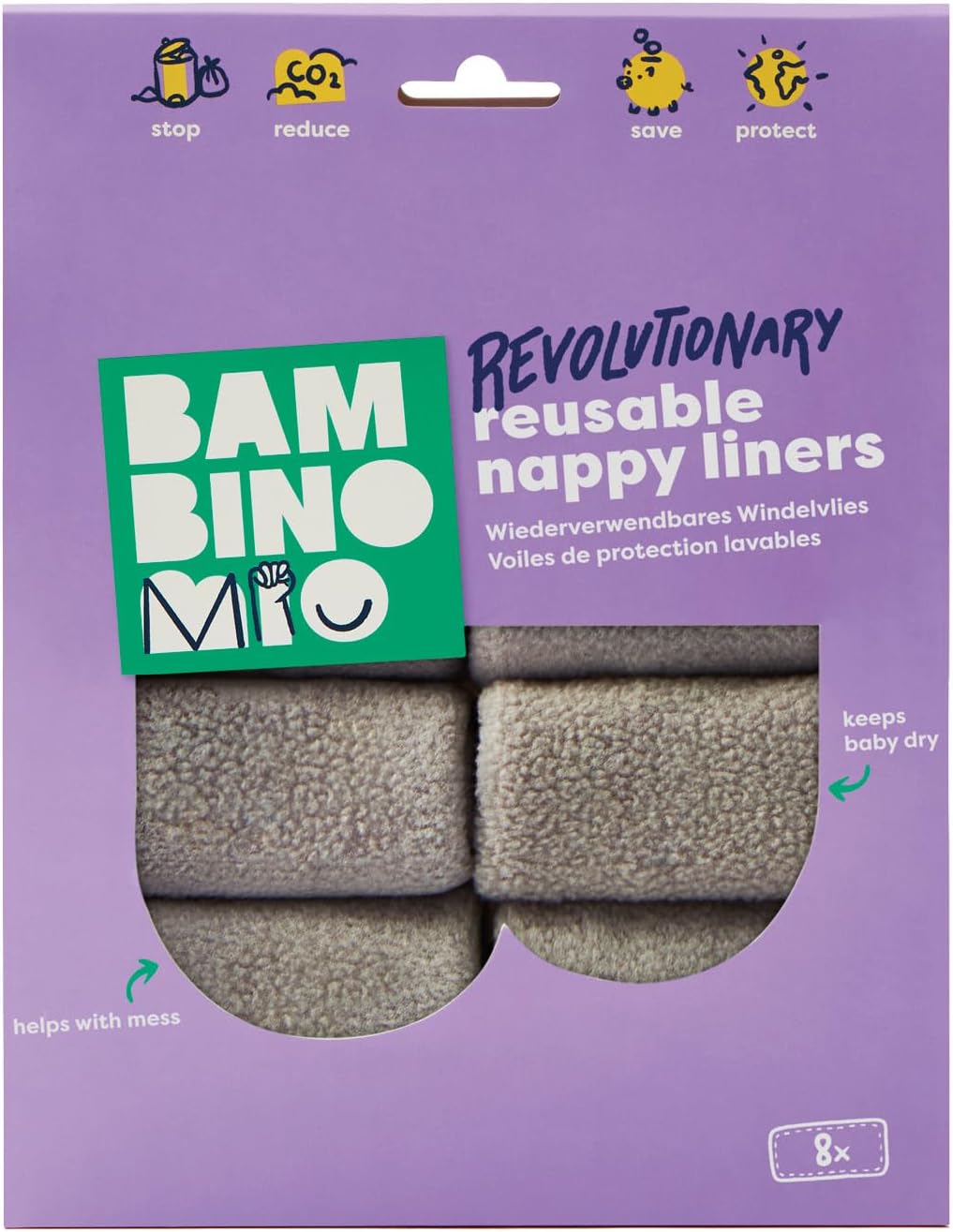 Bambino Mio, Revolutionary Reusable Nappy Liners - Washable Liners, Sustainable and Chemical-Free, Pack of 8 - Packaging May Vary