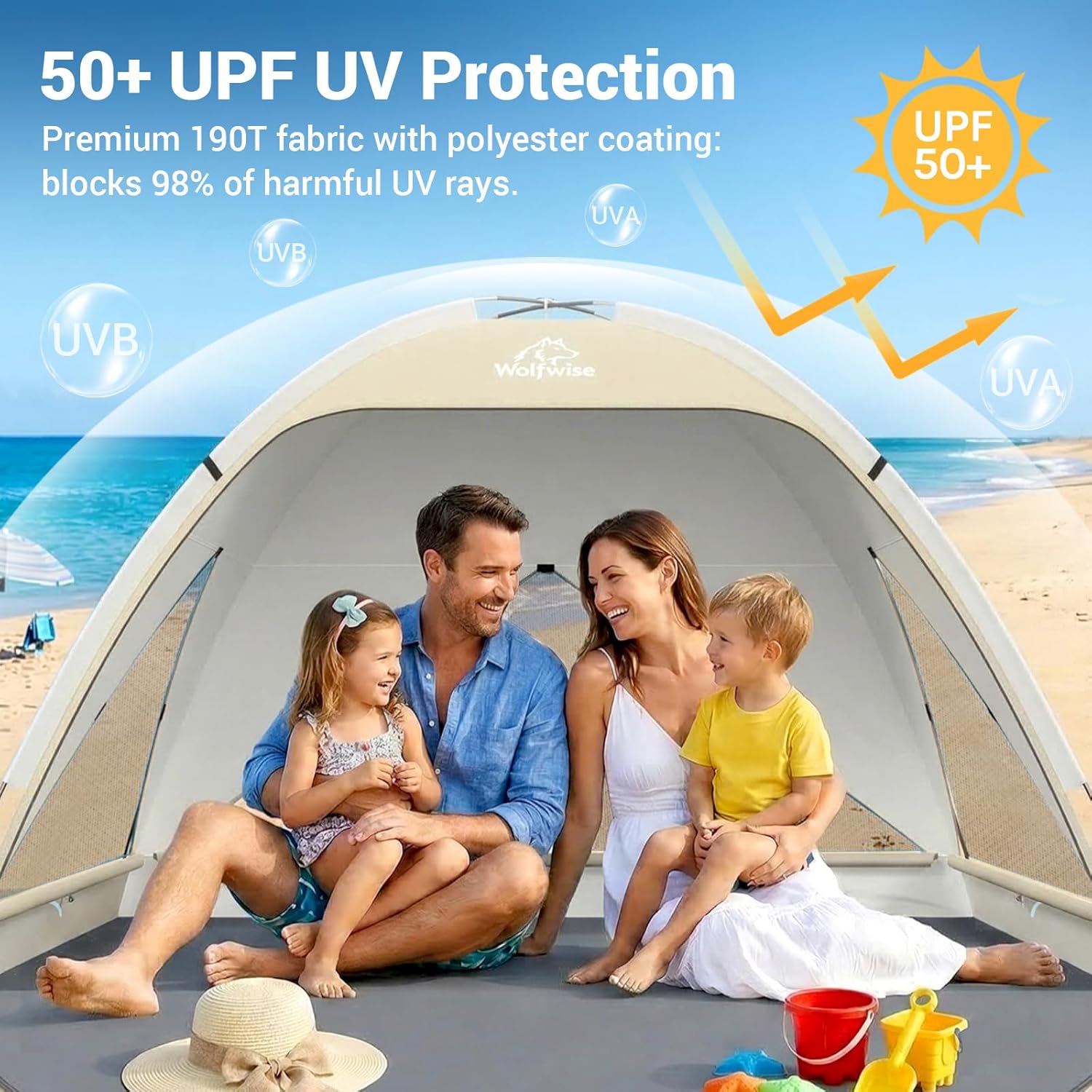 Wolfwise Beach Tent Sun Shelter for 4 Person with UPF 50+ UV Protection, Sun Shade Beach Tents with Extendable Floor for Privacy, 3 Ventilated Mesh Windows & Carrying Bag, 95 ''x65''x55'', Beige
