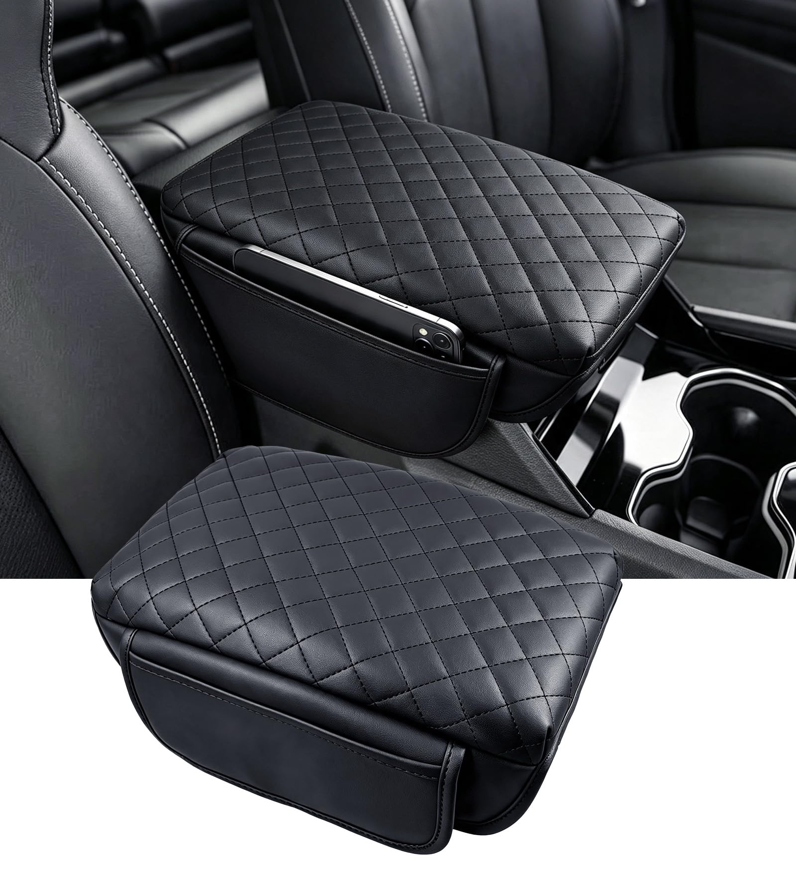 Center Console Cover for Jeep Grand Cherokee L 2026 2025 2024 2023 2022 2021, 1.2-Inch Thick PU Leather Middle Armrest Cushion Protector Pad with 2 Side Pockets, Black