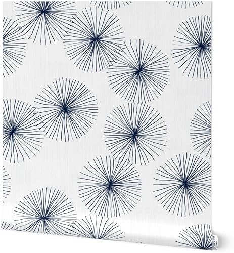 Spoonflower Peel & Stick Wallpaper 3ft x 2ft - Mid Century Midcentury Modern Dandelions White Navy Circle Minimalist Mod Neutral Custom Removable