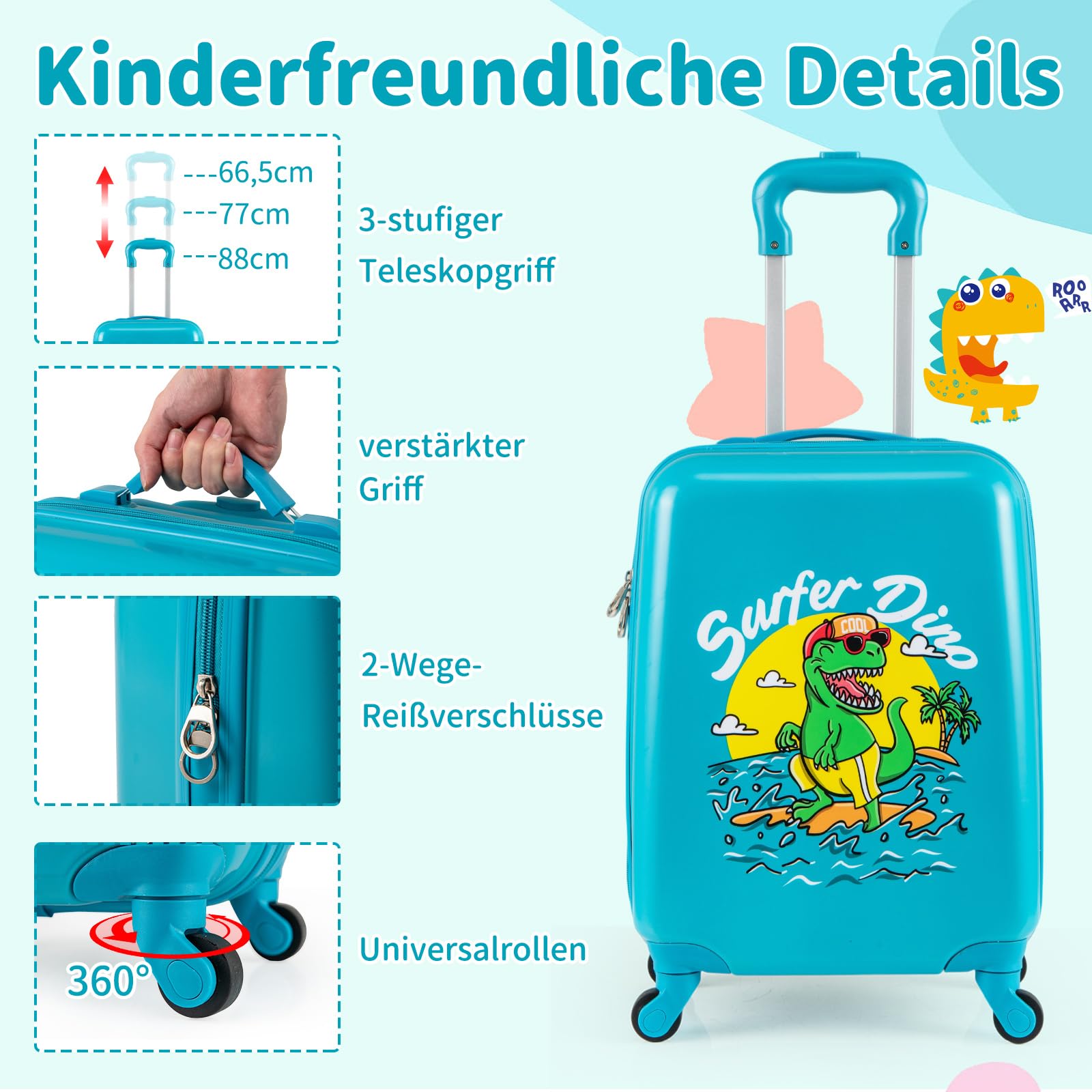 GOPLUS 2 TLG Kinderkoffer mit Rucksack, Kindertrolley mit Rollen, Teleskopgriff, Leichter Kinder Koffer mit Handgepäck, Reisekoffer für Flugzeug, Kindergepäck für Mädchen und Jungen (Türkis)