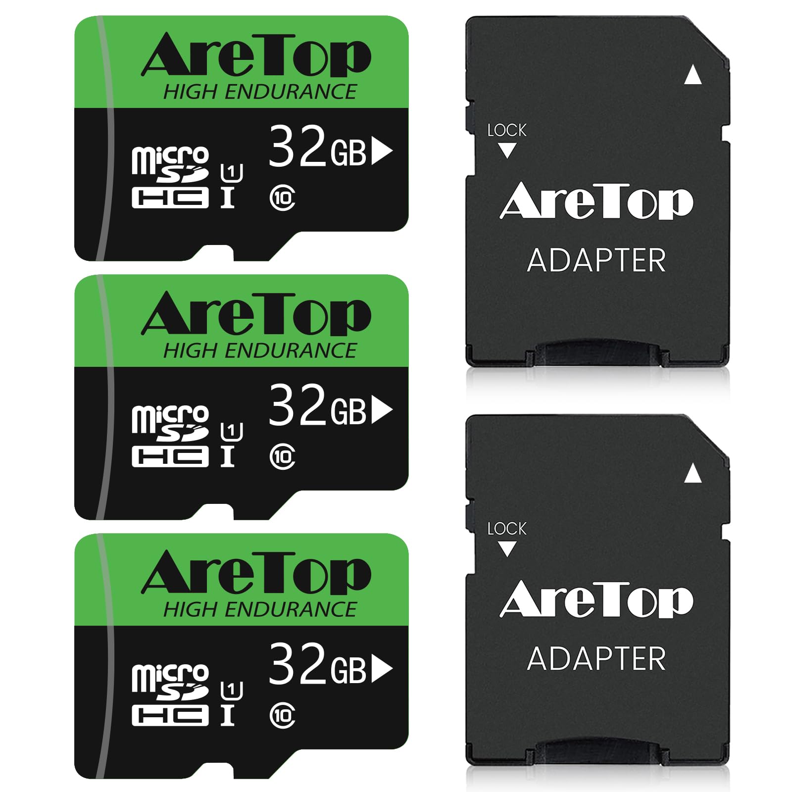 Aretop Lot de 3 cartes micro SD de 32 Go, microSDHC, C10, U1, UHS-I, avec adaptateur SD, vitesse de lecture jusqu'à 90 Mo/s, carte TF pour tablette/drone/caméra embarquée/appareil photo/téléphone