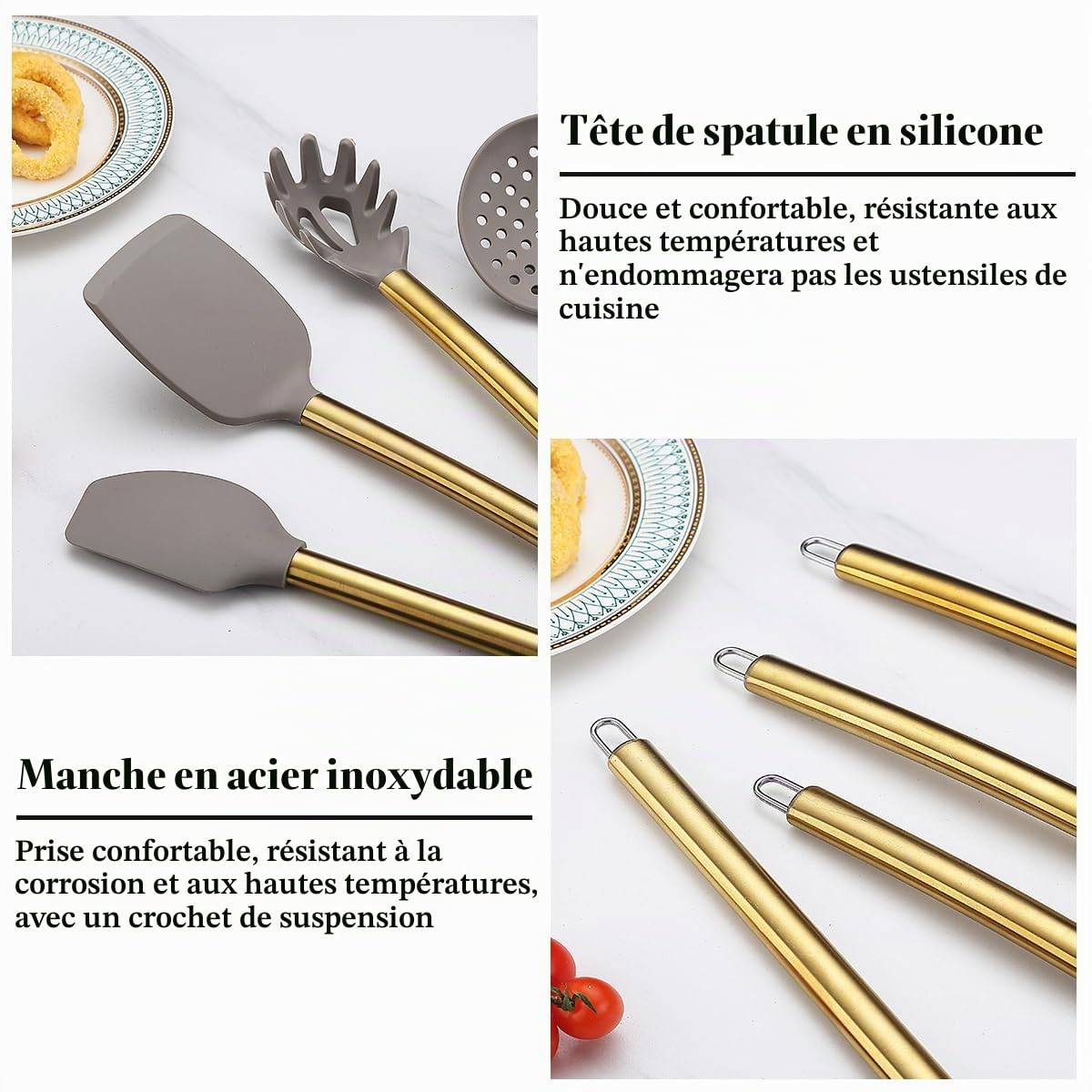 Ustensiles de cuisine dorés, Kyraton 38 pièces en silicone antiadhésif, cuillère spatule avec support en acier inoxydable, lavable au lave-vaisselle