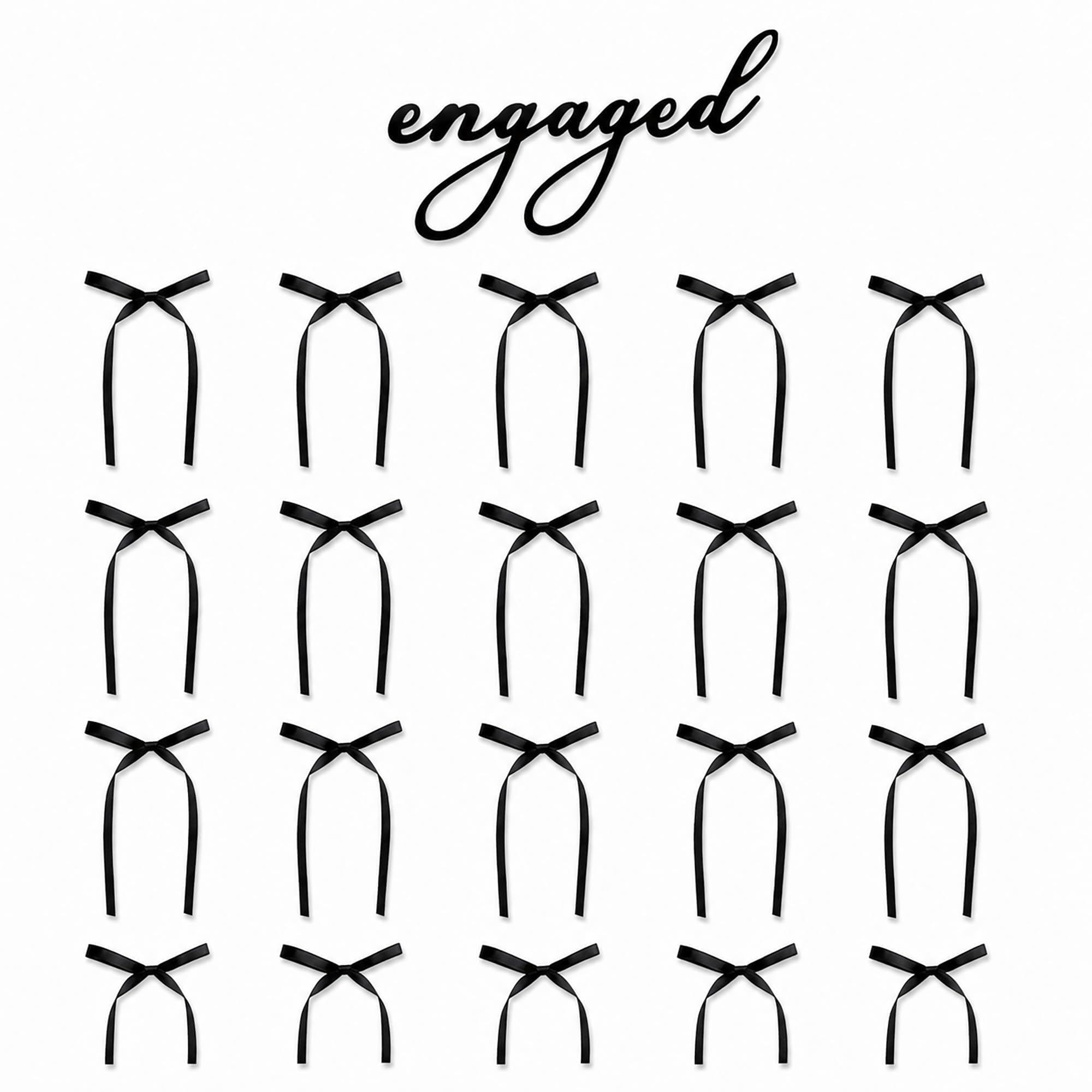 Engaged Cake Topper With 20 Black Ribbon Bows, Wedding Cake Decorations Set