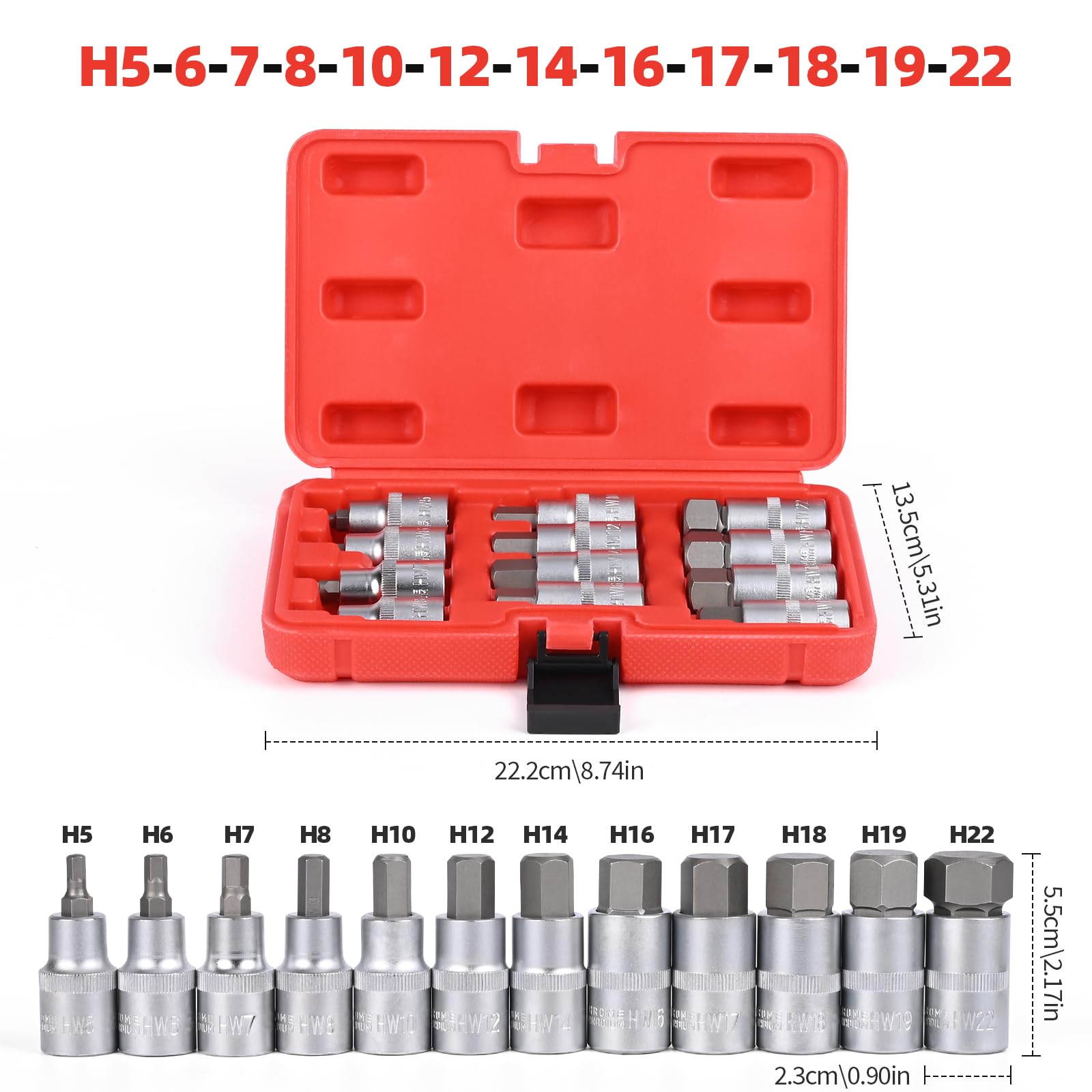 12 Piezas Juego de llaves de Vaso, 1/2» Vasos Hexagonales, Juego de Vasos Hexagonales, Aceros para Herramientas de 5-22mm con Maletín Portátil, Anticorrosión para Uso Industrial y en Automoción (Rojo)