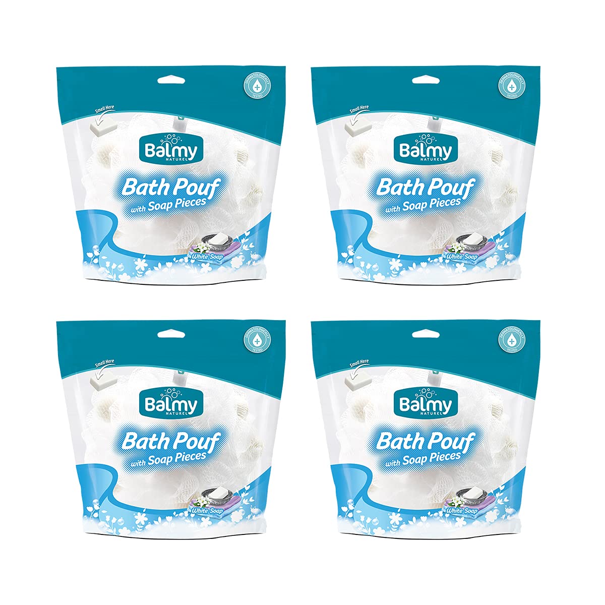 4 Pack Shower Puffs With Soap Pieces - White Soap - Premium Quality Loofah Exfoliating