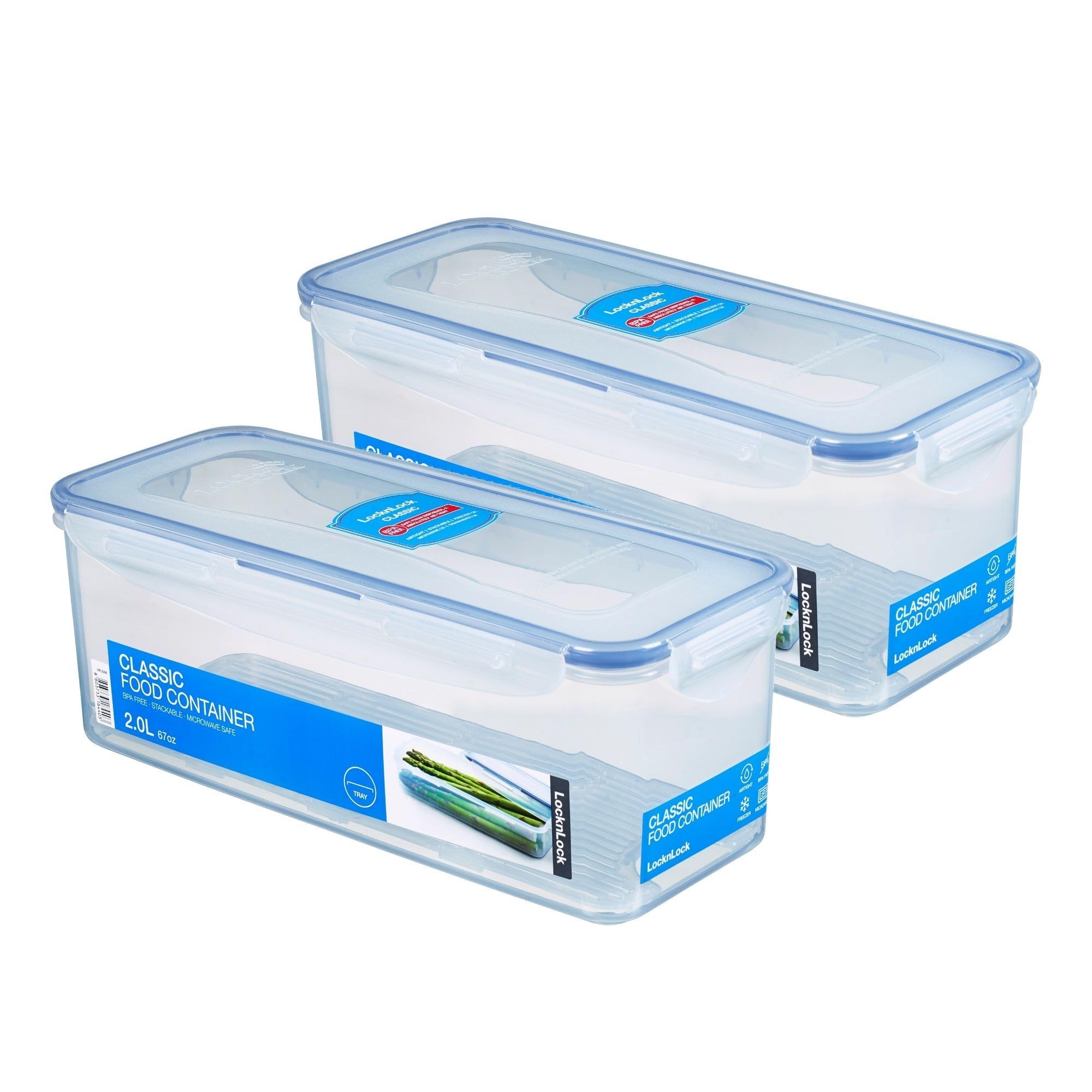 LocknLock Zestaw 2 puszek HPL844 pojemników na zapasy z kratką odpływową 2 litry – wymiary (dł. x szer. x wys.): 278 x 115 x 103 mm – odpowiednie puszki do zamrażania i kuchenki mikrofalowej Lock and