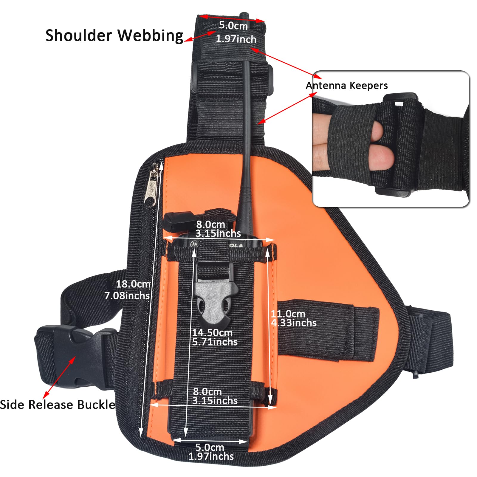 HYS Nylonowa uprząż na klatkę piersiową, regulowany pasek na ramię do wędrówek / użytku taktycznego, lekka torba crossbody z kieszeniami na zamek błyskawiczny, do dwukierunkowego radia Motorola