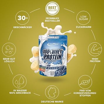 IronMaxx 100% Whey Protein Powder 500 g Bag Reduced Sugar Content Water-Soluble Many Different Flavours Banana Cream