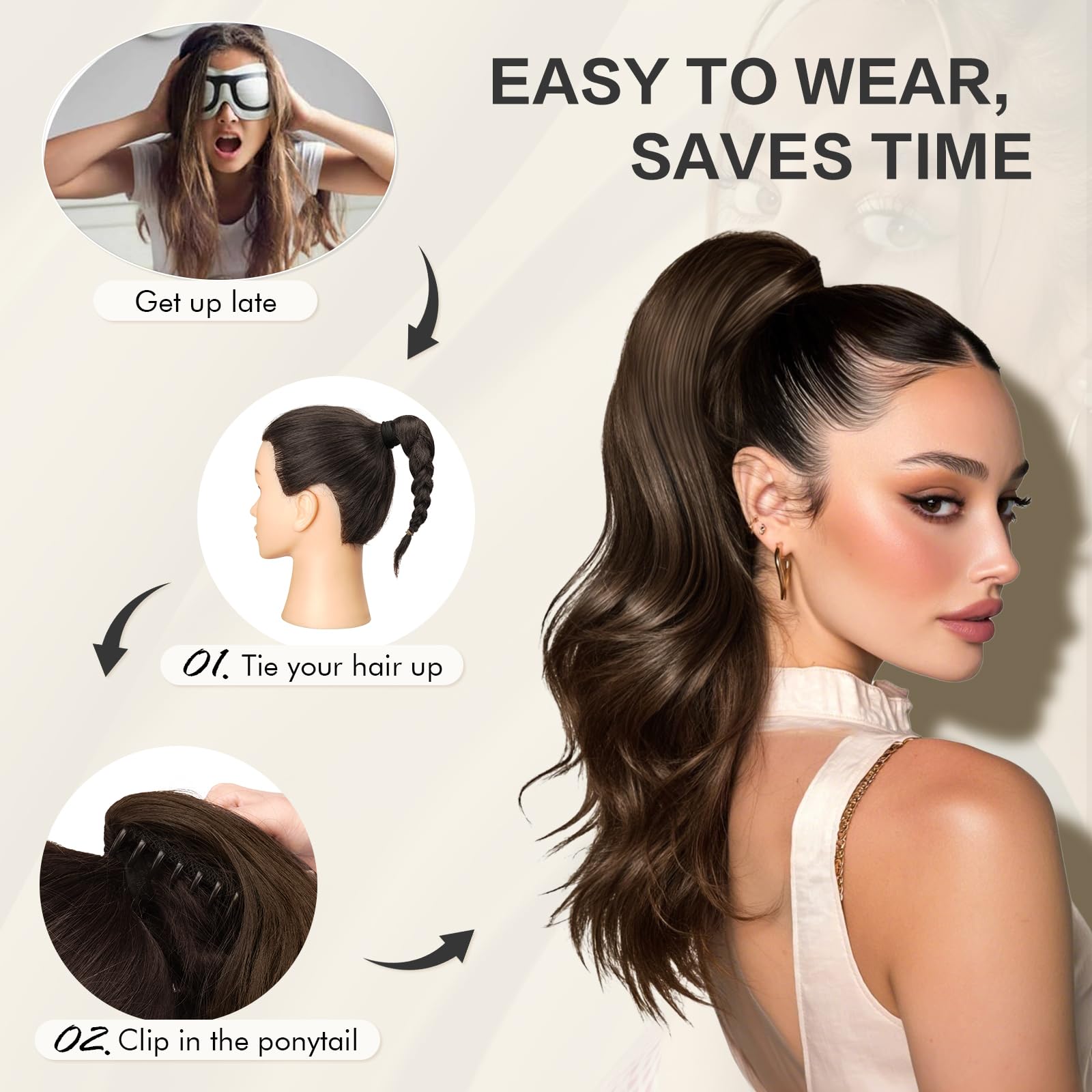 Sofeiyan Coleta Postiza Larga Ondulada con Pinza, Extensión de Coleta Natural de Doble Uso, 41 cm de Sintética Pinza de Pelo en Extensión de Trenza para Mujeres, Negro natural