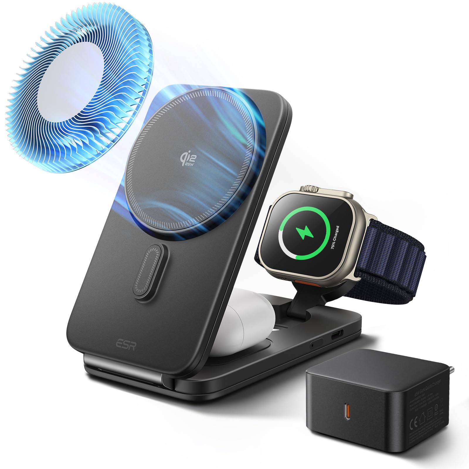 ESR Stacja ładująca 3 w 1 dla Apple, ładowarka MagSafe Qi2.2 25 W z CryoBoost, składana bezprzewodowa stacja ładująca z chłodzeniem dla iPhone 17/16 z systemem iOS 26 (adapter 65 W), czarna