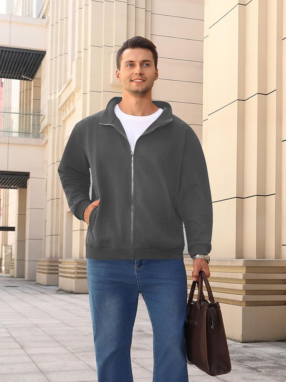 Mens Sweatshirt Full Zip Up Mock Neck Quilted Jacket Sweatshirt for Men Lightweight Casual Sweater with Pocket - Image 5