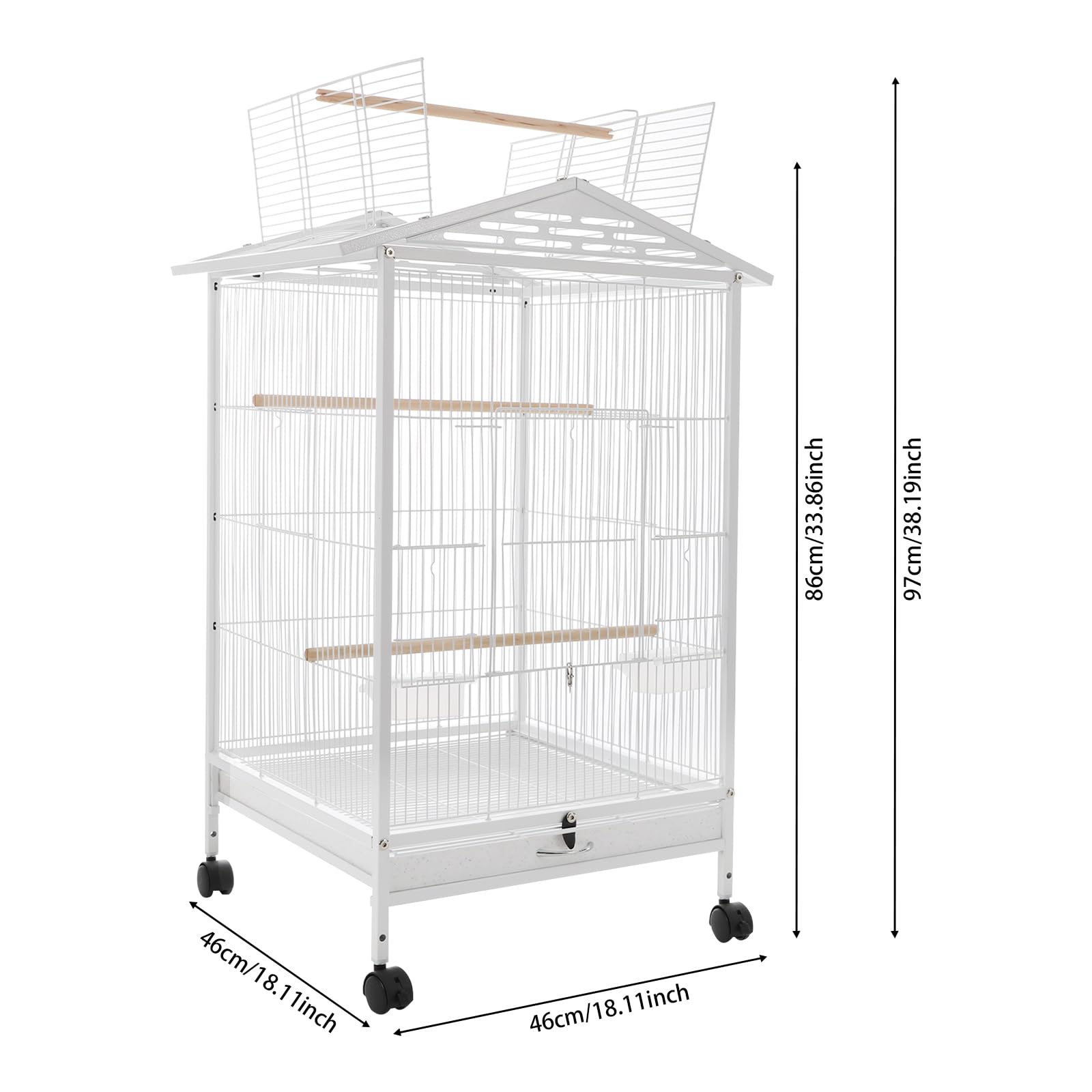Jaula de metal para pájaros, color blanco, 46 x 46 x 86 cm, con 4 ruedas universales (2 con frenos), techo abierto, bandeja extensible, 3 perchas y comedero/bebedero