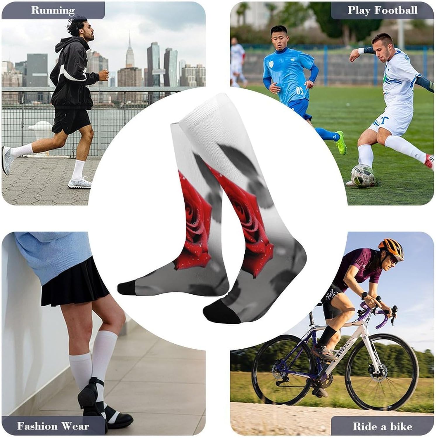 Black And White Red Rose Compression Sock Circulation Support Socks Lightweight Knee High Tube Sock Over-The-Calf Sock for Adult