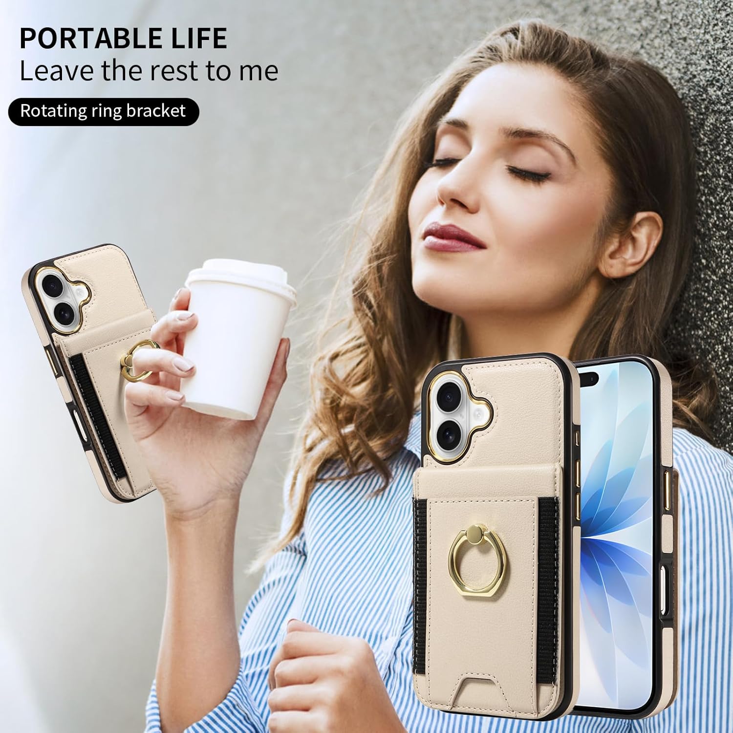 for iPhone 17 Wallet Case with Credit Card Holder Ring Stand, RFID Blocking Card Slots, Magnetic Clasp Flip PU Leather Fashion Shockproof Cover for iPhone 17-Beige - Image 8