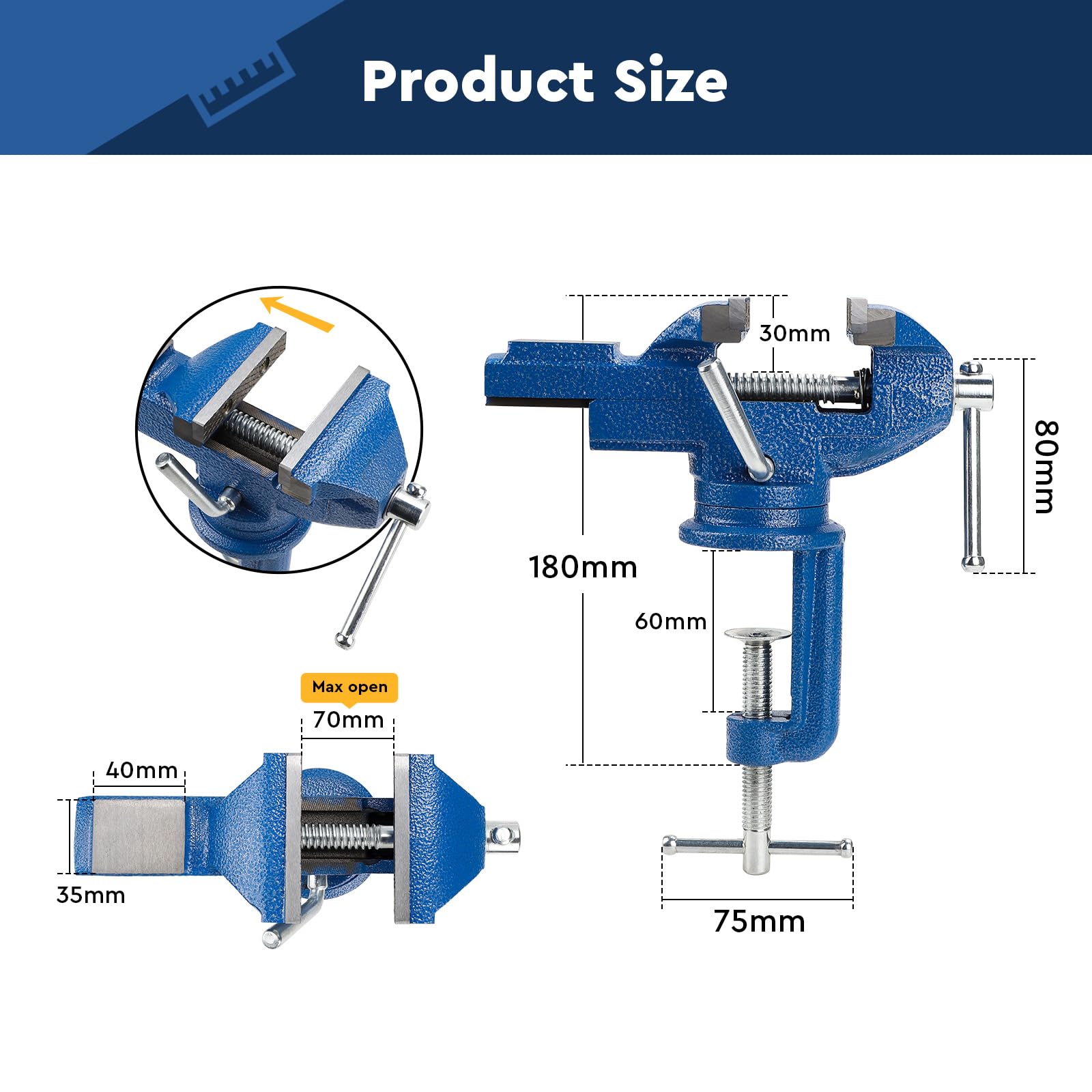 SWAWIS Étaux d'Établi, Largeur de Mâchoire 70mm, Étau de Table avec Base Pivotante à 360 Degrés-Peut Étre Utilisé pour Fixer des Pièces Telles Que le Bois Et le Métal, Bleu