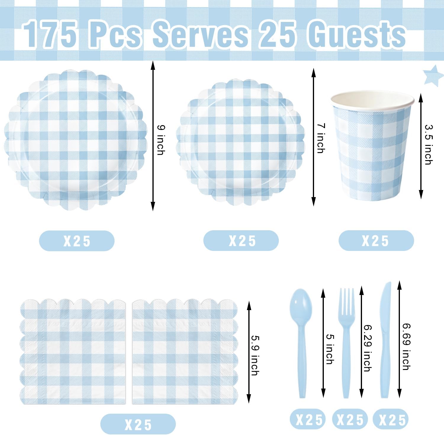 175 PCS Blue Gingham Party Supplies Includes Light Blue Gingham Paper Plates, Cups, Napkins, Cutlery for Wedding Bridal Shower Birthday Baby Shower Party Decorations, Serves 25