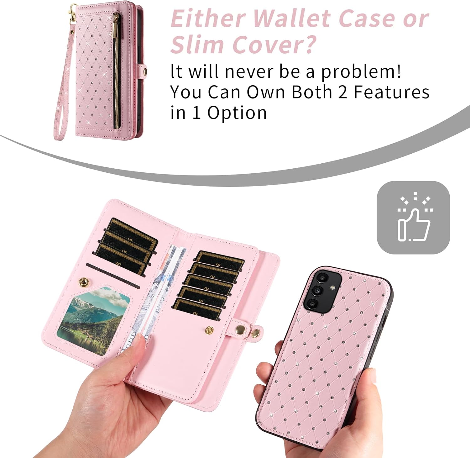 Asuwish Phone Case for Samsung Galaxy A13 5G Zipper Wallet Detachable Cell Cover with Screen Protector Crossbody Strap Bling Flip Credit Card Holder A04S M13 G5 A 13 2022 13A A135G SM A136U Women Pink