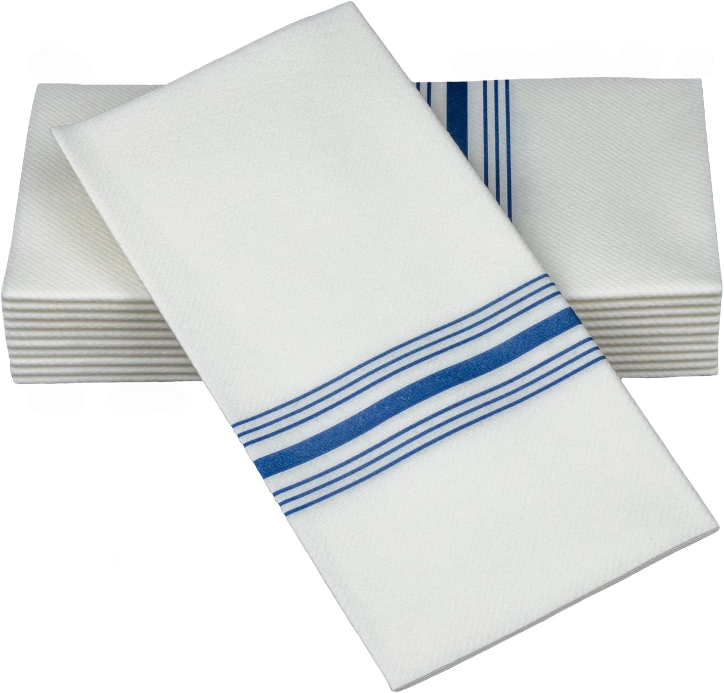 SimulinenWhite and Blue Bistro Disposable Dinner Napkins with Pocket for Utensils, Decorative and Absorbent, Paper Napkins for Silverware, 17"x17", Box of 75