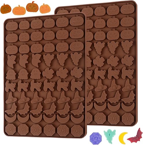 Kamehame Molde de gomitas de caramelo de Halloween, 2 piezas de 60 cavidades mini calabaza, fantasma, vampiro, gato, sombrero, murciélago, luna,