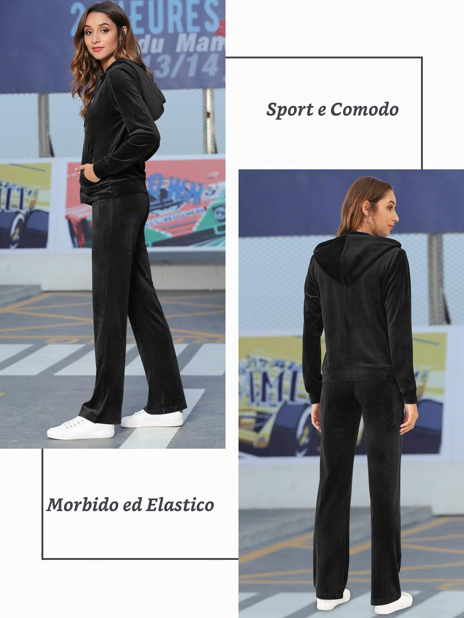 MessBebe, tuta da ginnastica da donna in velluto per il tempo libero lo sport 2 pezzi felpa con cappuccio a maniche lunghe con zip e pantaloni lunghi sportivi Nero, L