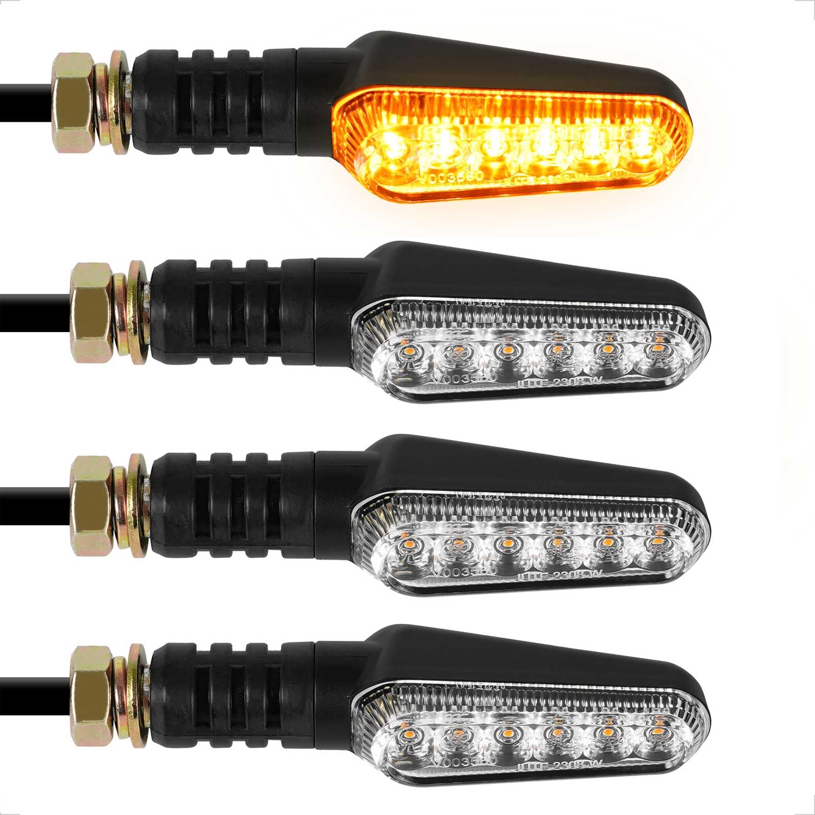 evermotor Frecce a LED per moto, 12 V, 2,4 W, 4 indicatori di direzione omologati, 6 LED molto luminosi per indicatore, impermeabile IP67, universale, retro nero, per scooter e quad, ATV