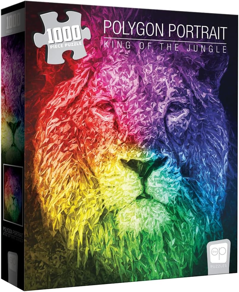 The Op Games Polygon Portrait King of The Jungle 1000 Piece Jigsaw Puzzle | Vivid & Colorful Puzzle Featuring Lion Portrait with Polygon Design Elements | Puzzles for All Ages - Kids to Adults
