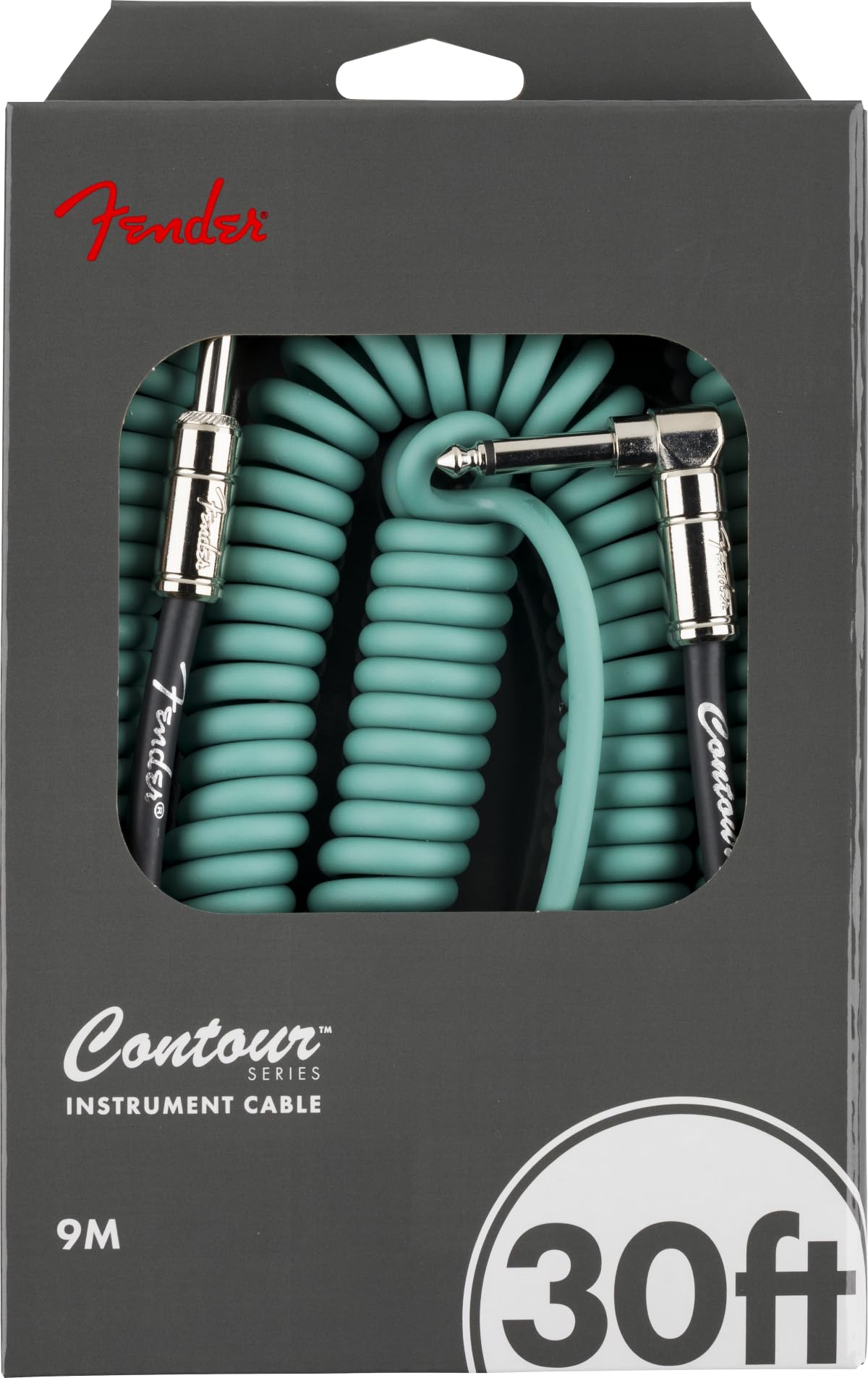 Fender Contour - Cable de instrumento en espiral, relleno de calcetines, accesorios de guitarra, recto/ángulo, verde Sherwood, 30 pies