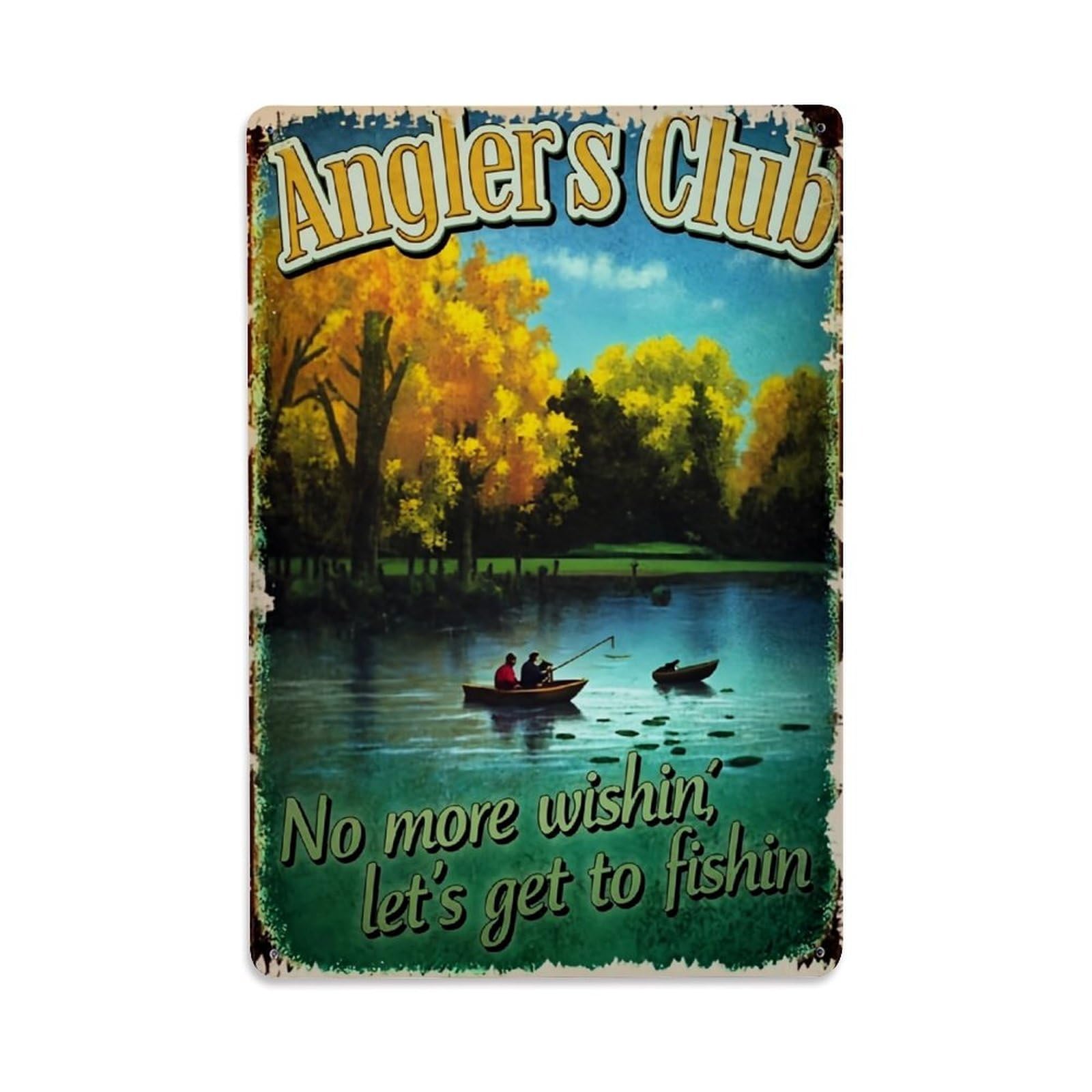 Jdfenggu Vintage Anglers Club Fishing Scene Poster Retro Metal Tin Sign, Metal Poster For Bar, Home, Man Cave, Kitchen, Laundry Room Art Decor 8X12 Inch