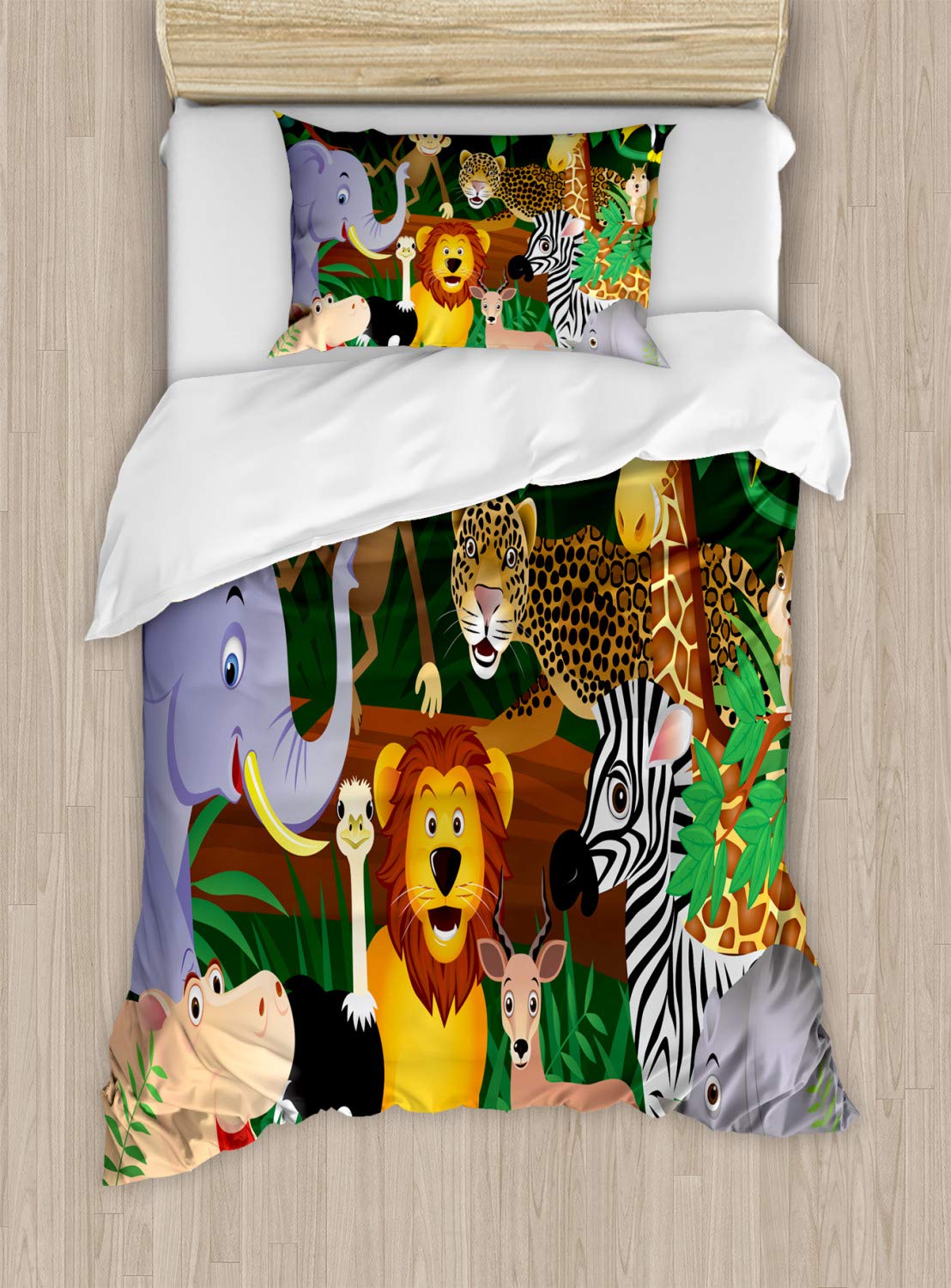 Ambesonne Zoo Duvet Cover Set, Animals in The Jungle Funny Expressions Exotic Comic Cheer Natural Habitat Illustration, Decorative 2 Piece Bedding Set