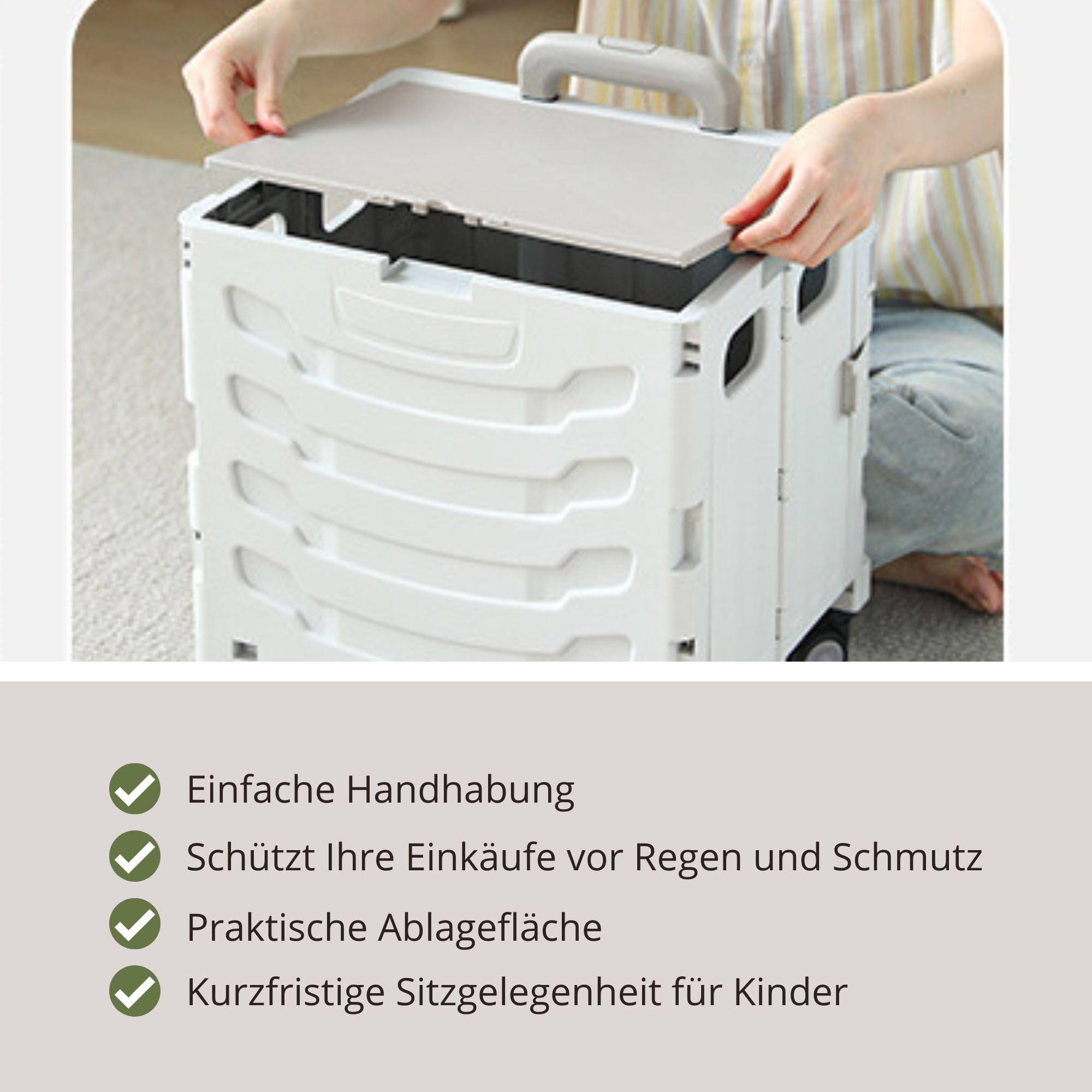 36L Schnell Faltbarer Einkaufstrolley mit Deckel, 2 Rollen, Hartschale, Verstellbarer Teleskopgriff, Ziehwagen für Einkauf, Markt & Camping, Stabil, Leicht, Montagefrei - Grau