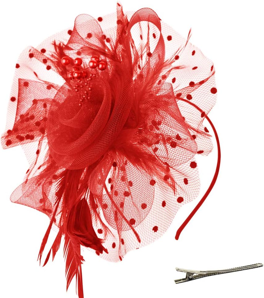 Fascinators Hat Flower Mesh Ribbons Feathers on a Headband and a Clip Tea Party Headwear for Girls and Women