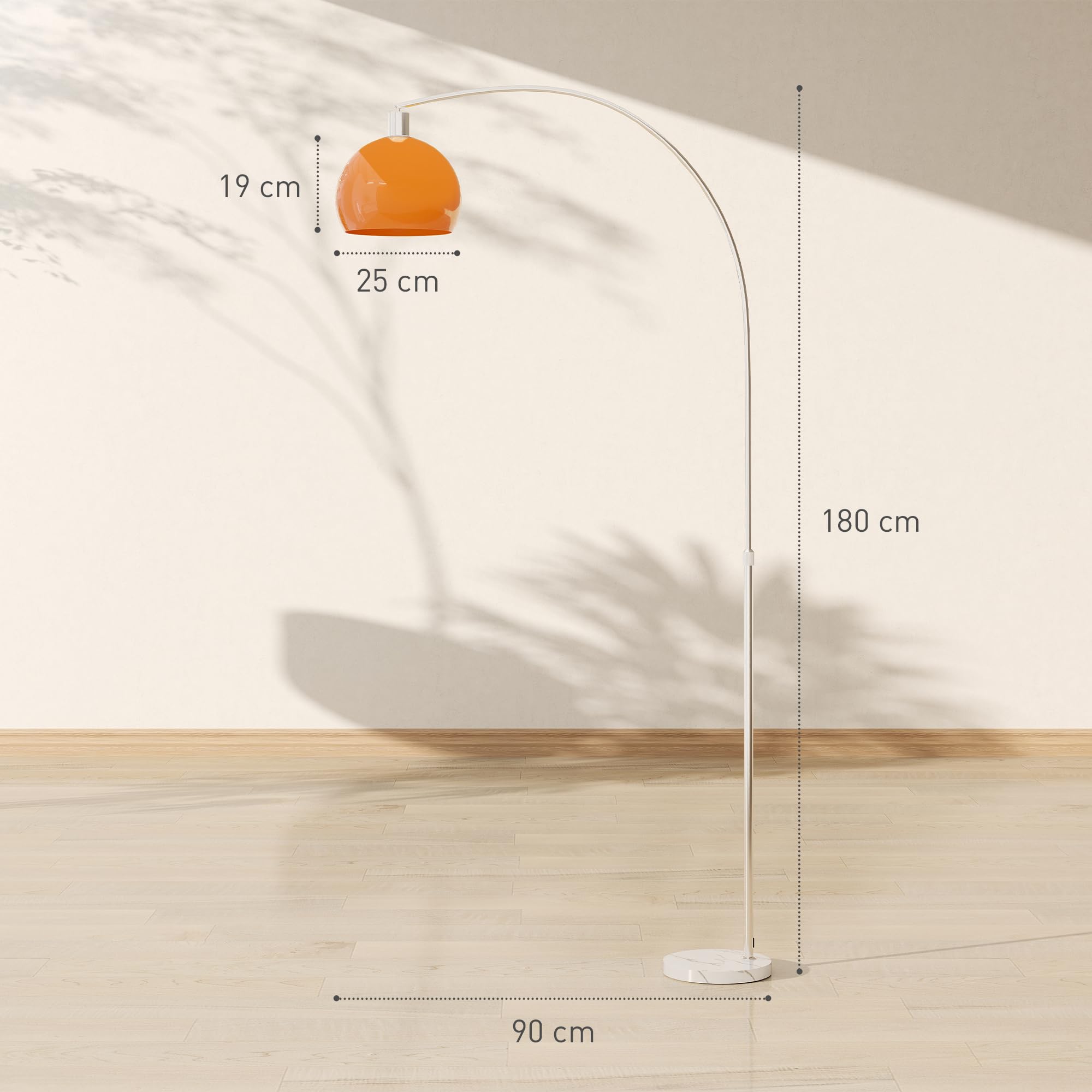 HOMCOM Lampada da Terra ad Arco Moderna 26x90x180 cm Bianco e Arancione | Interruttore a Pedale, Paralume Rotondo, Lampada da Terra Salotto, Marmo Metallo e Plastica