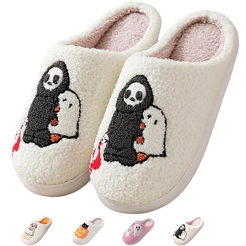 Cute House Slippers for Women Men Warm Cozy House Shoes Fuzzy Home Slippers with Memory Foam Indoor and Outdoor - Black Ghost - 5.5-6.5 Women/5-6 Men