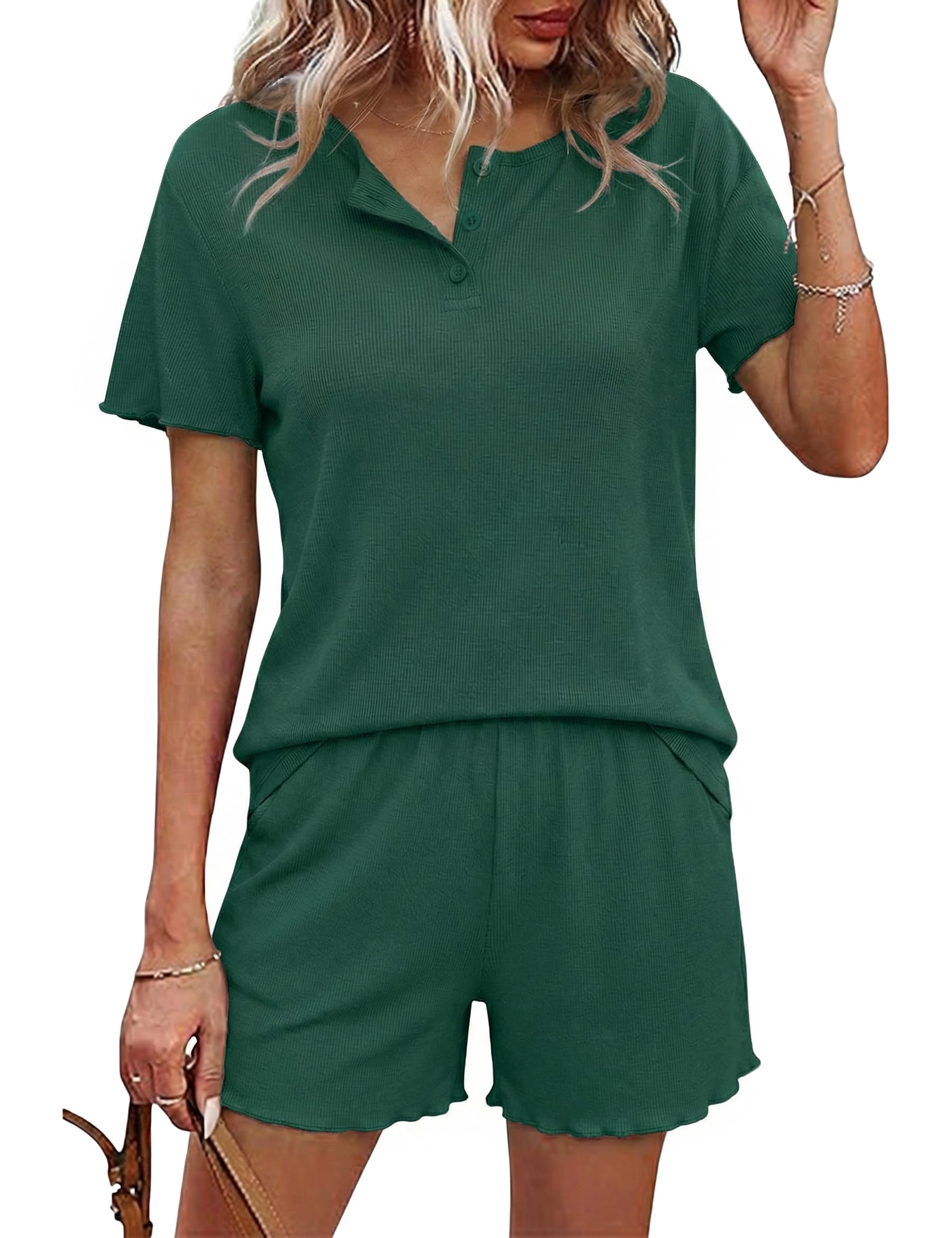 Demegimi Schlafanzug Damen Kurz Pyjama Baumwolle Sommer Shorty Nachtwäsche Kurzarm Schlafanzüge mit Knopfleiste S-XXL