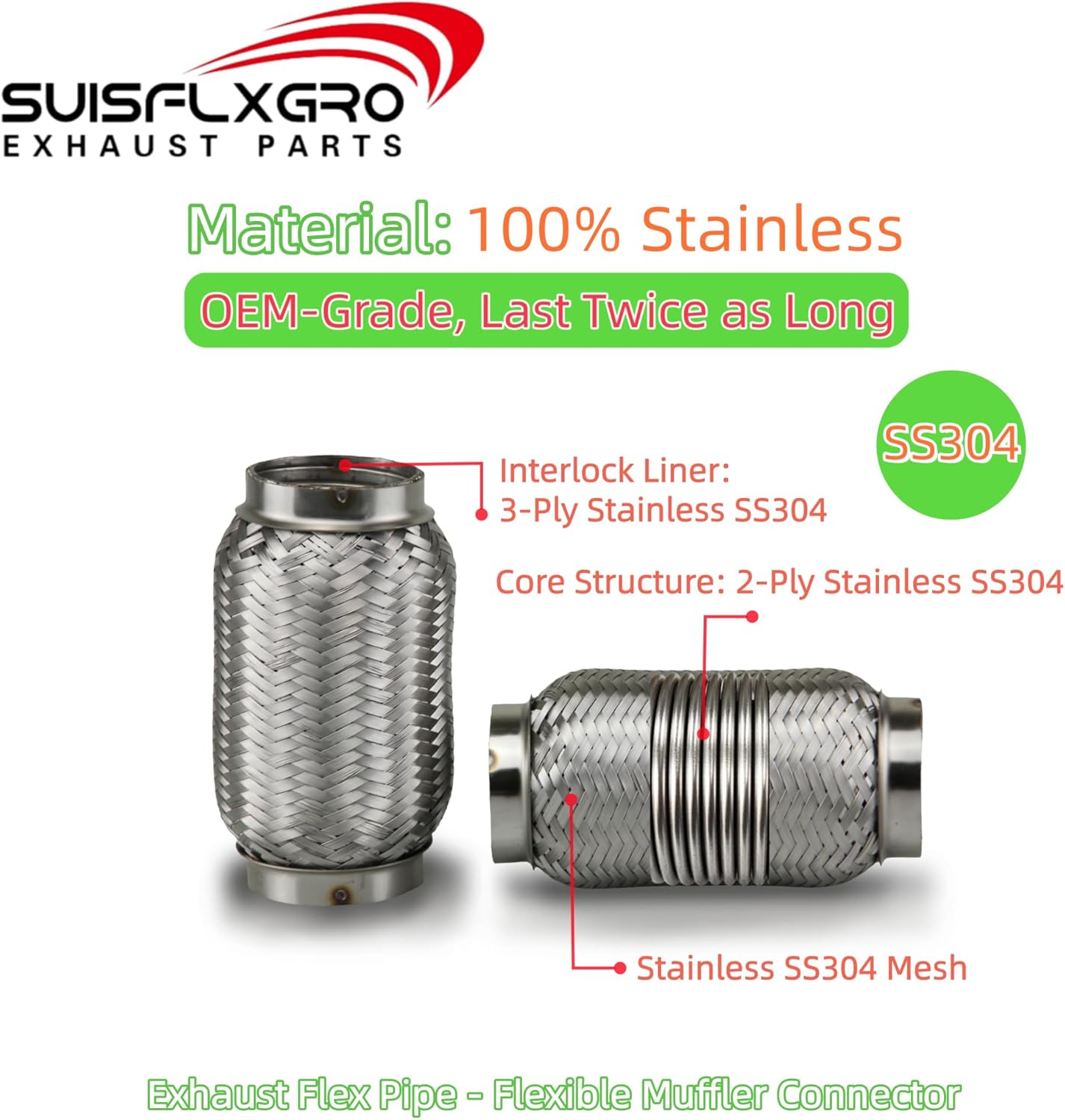 Exhaust Flex Pipe (Interlock Lining OEM-Grade) 100% Stainless Steel SS304 For Heavy Duty and Cars (1 PC, 3X6)