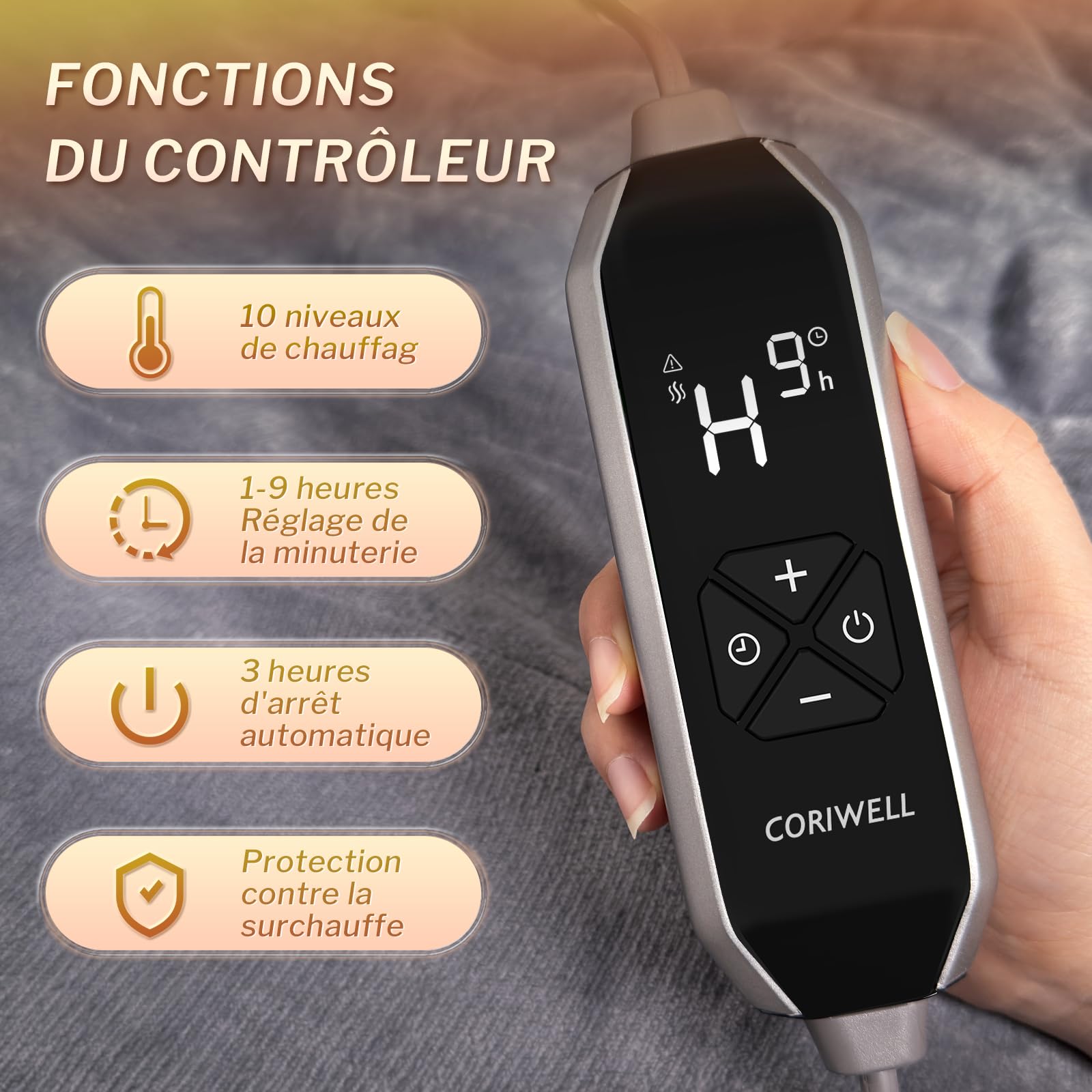 CORIWELL Couverture Chauffante 180x130 cm - Couverture Électrique en Flanelle,Plaid Chauffant 10 Réglages de Chaleur,Minuterie de 9H,Protection Contre la Surchauffe, Lavable en Machine - Gris