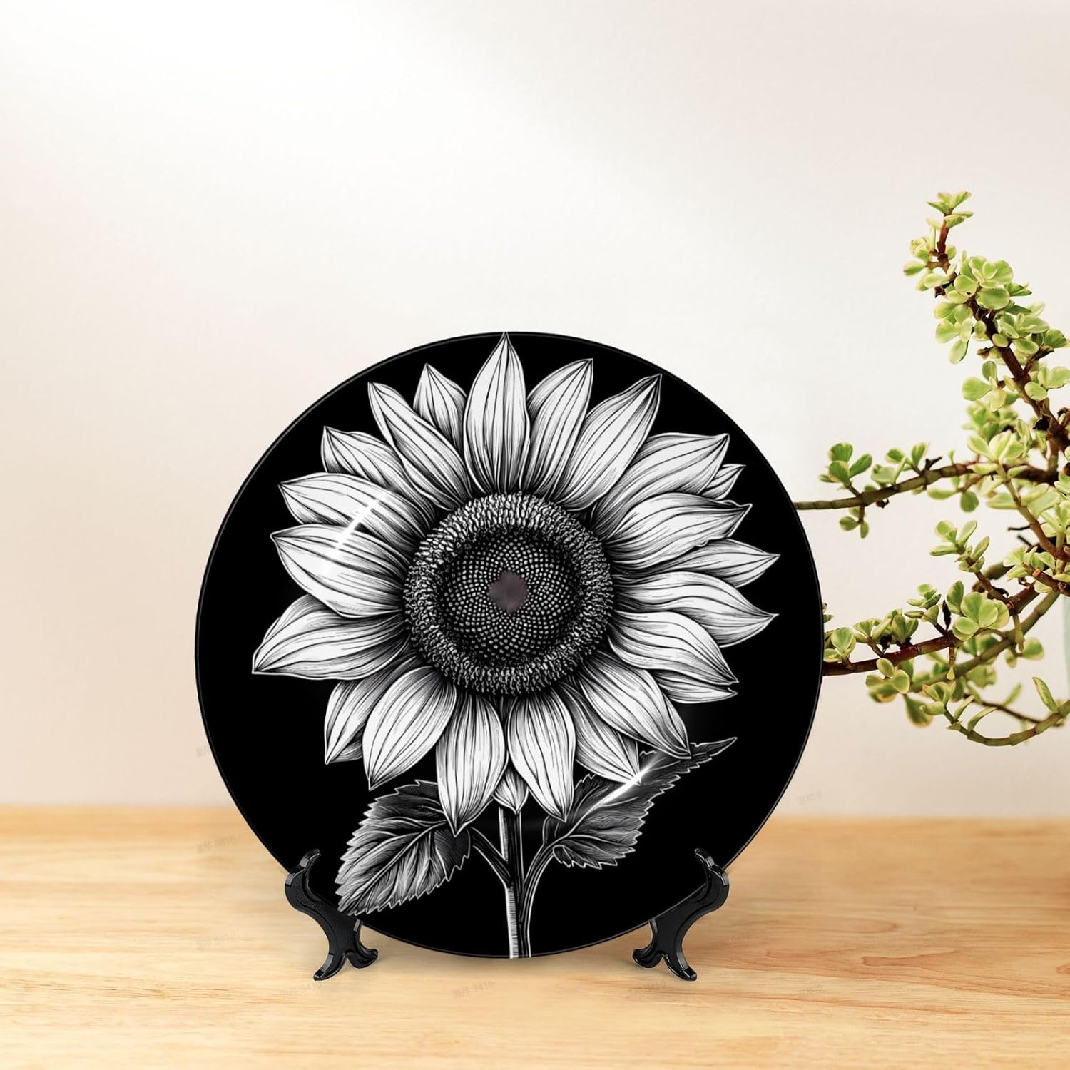 Sunflower Black Grey Style Ceramic Plate Display Home Display With Stand Wall Hanging Plate For Home Decor 10 Inch