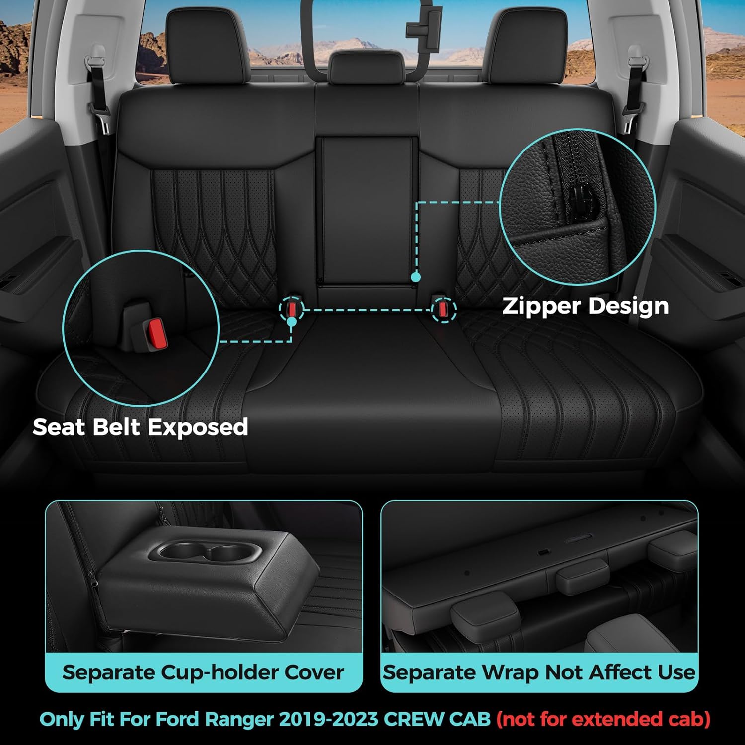 Seat Covers for Ford Ranger SuperCrew5 XLT Lariat 2019 2020 2021 2022 2023 & SuperCrew5 XL 2021-2023 Full Set, Rear w/Cup Holder, Leather Seat Cover Accessories Black