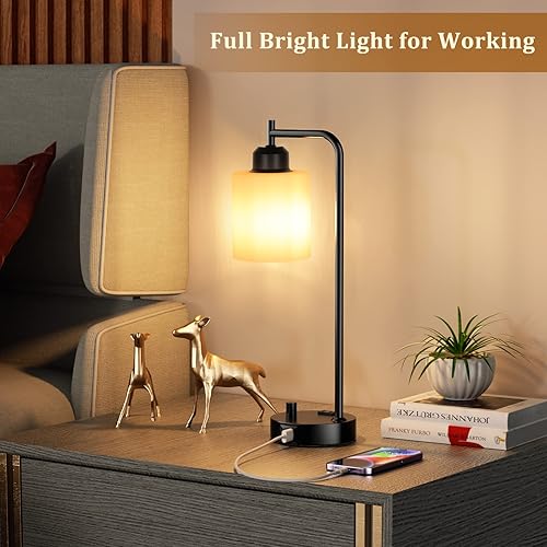 Miniatura 5 de Lámparas de mesa industriales para dormitorio para mesita de noche, lámparas de escritorio con pantalla de vidrio de ópalo blanco con puerto USB C,